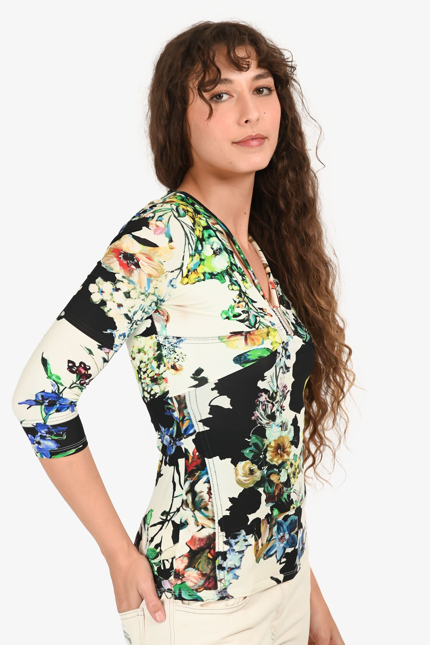 Robert Cavalli White/Green/Black Floral Print V-Neck Top Size 38