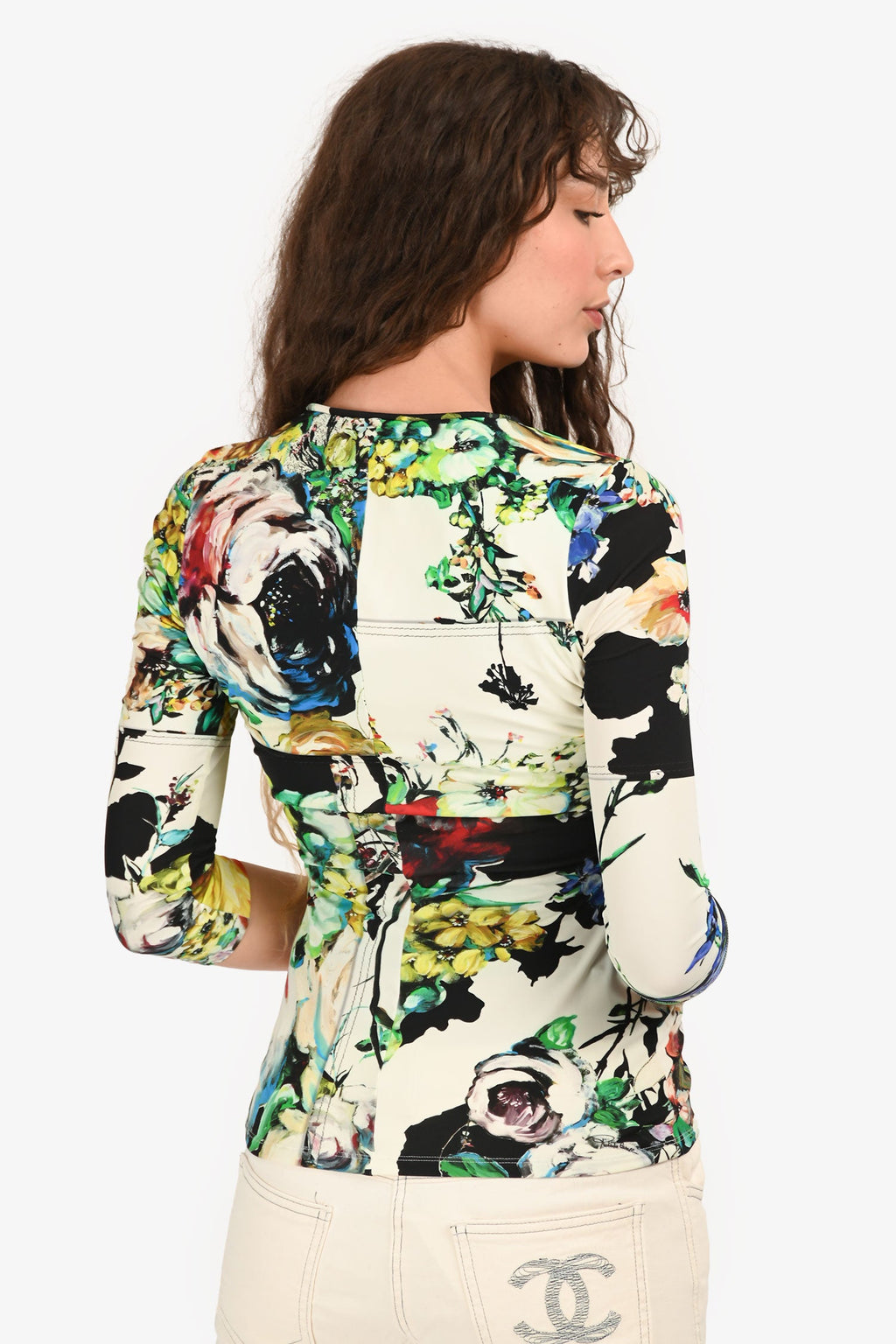 Robert Cavalli White/Green/Black Floral Print V-Neck Top Size 38