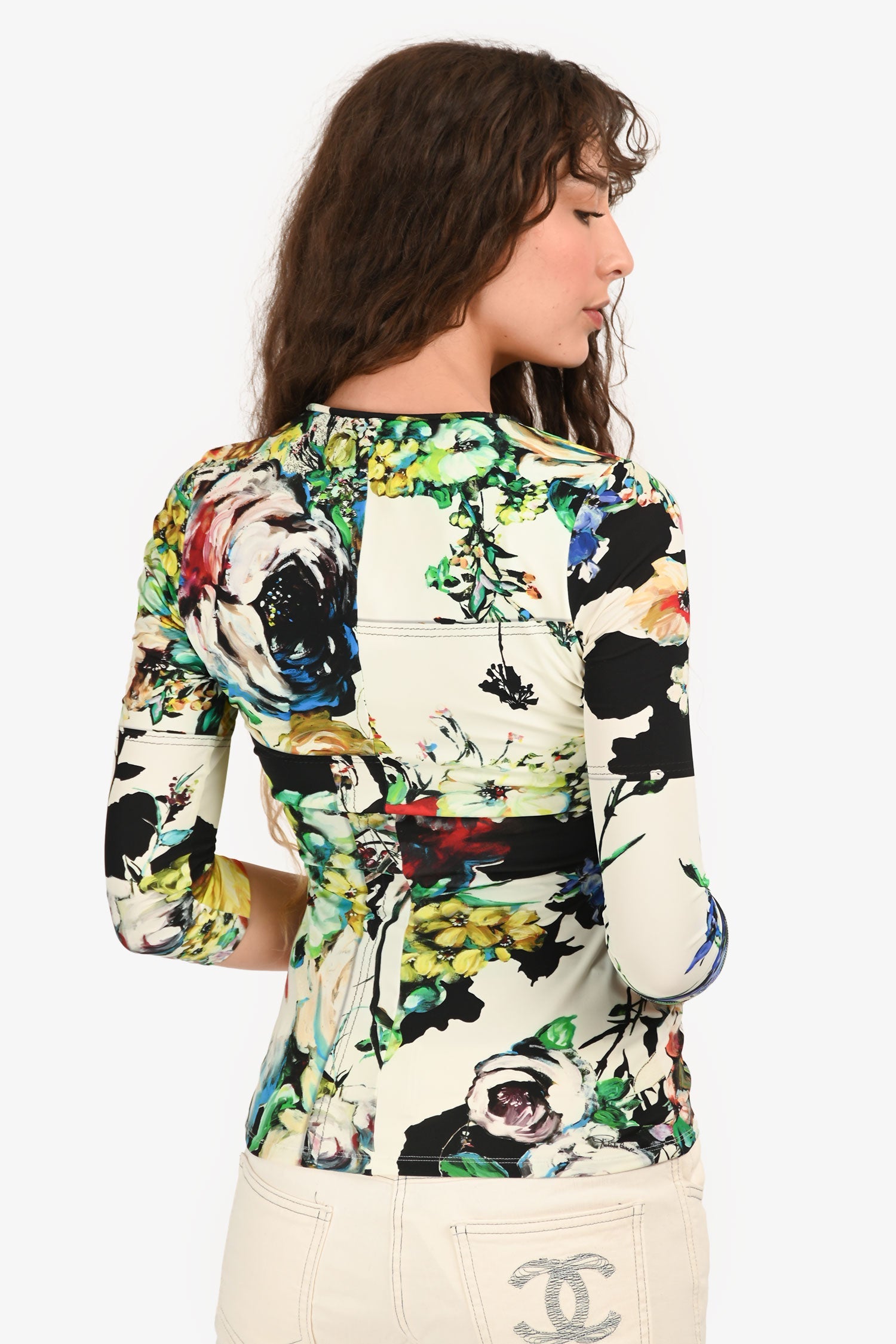 Robert Cavalli White/Green/Black Floral Print V-Neck Top Size 38