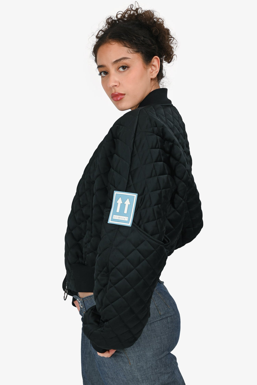 Off-White Black Quilted Blue Logo Patch Bomber Jacket Size 40
