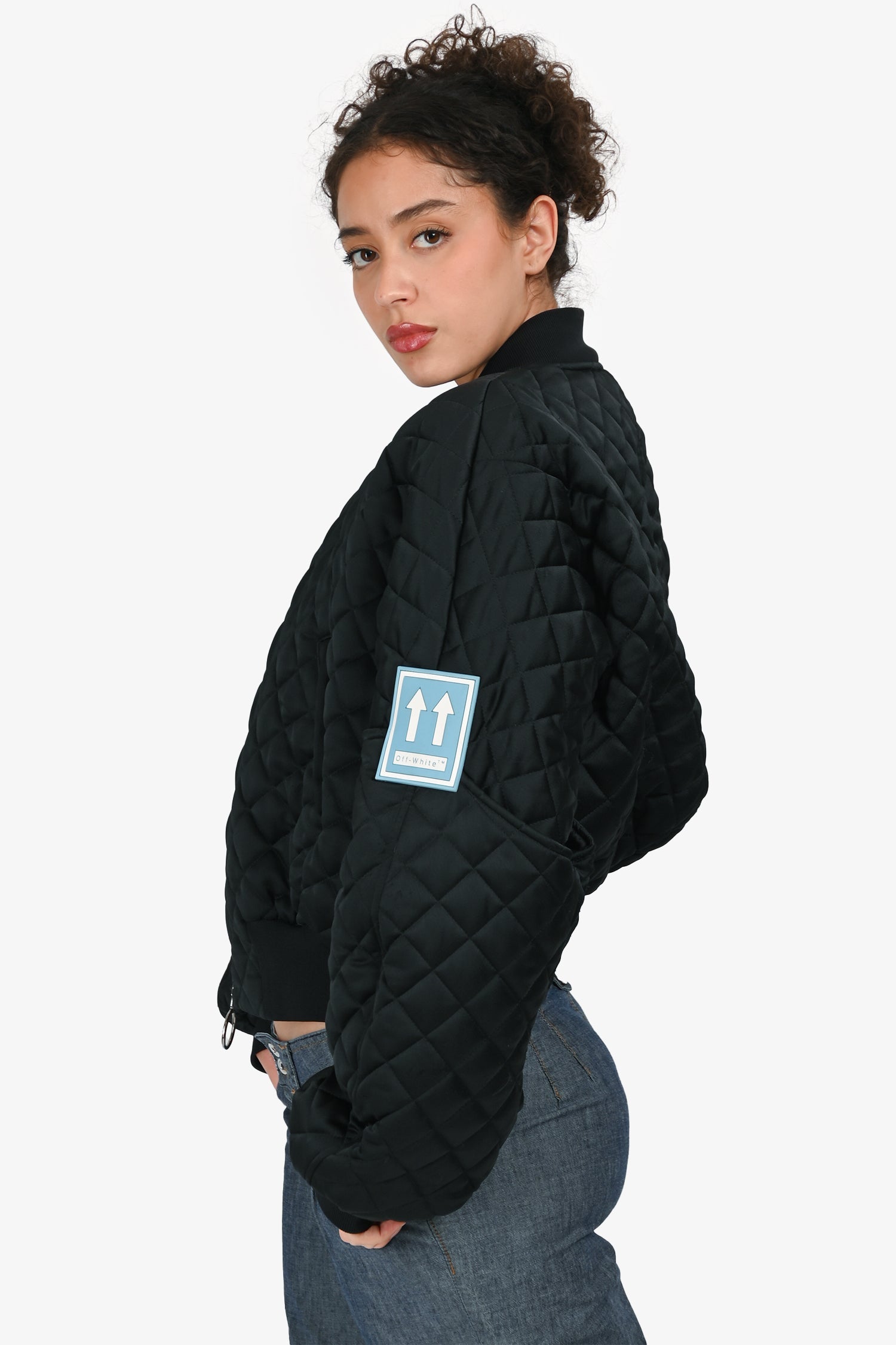 Off-White Black Quilted Blue Logo Patch Bomber Jacket Size 40