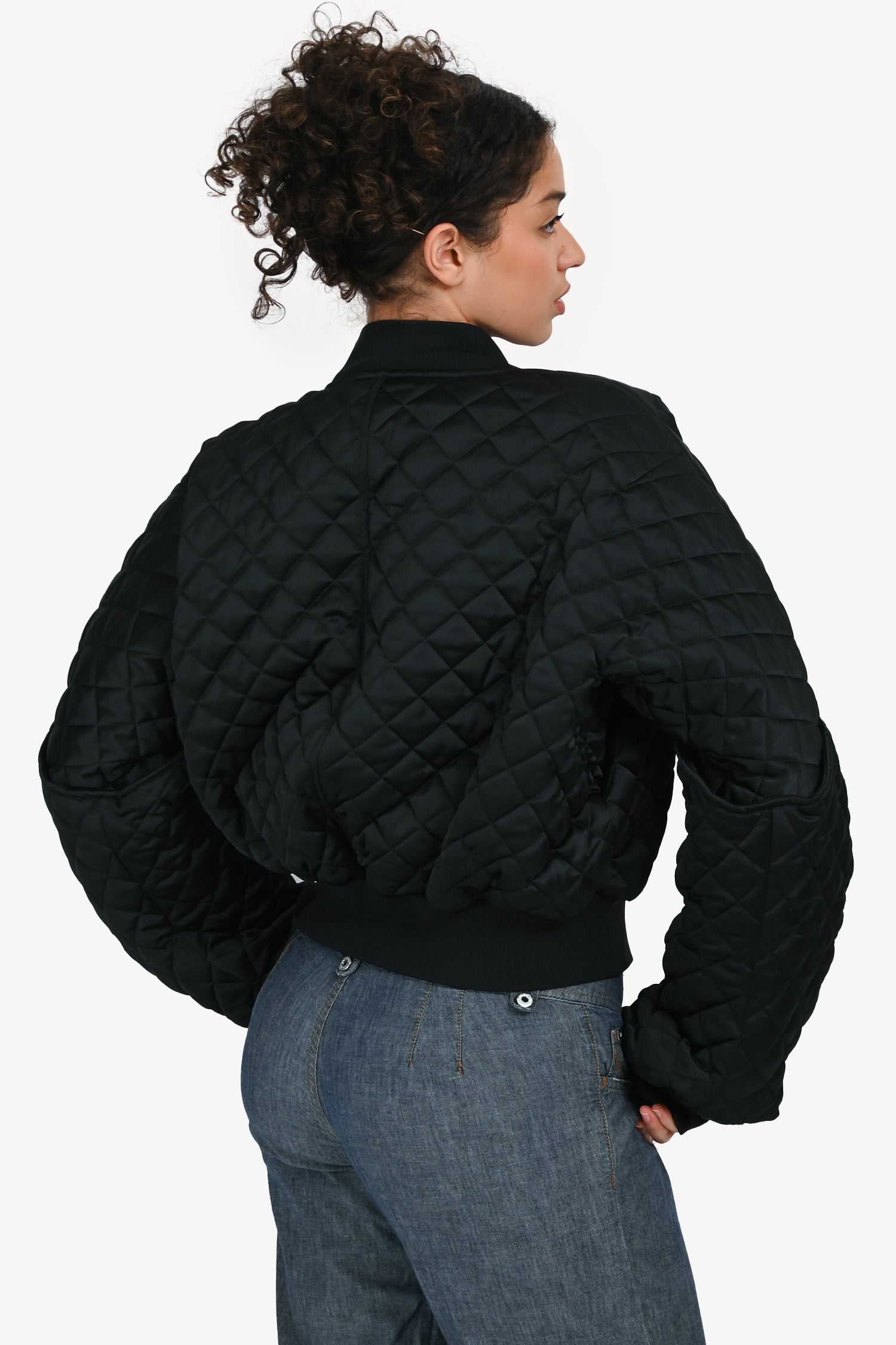 Off-White Black Quilted Blue Logo Patch Bomber Jacket Size 40