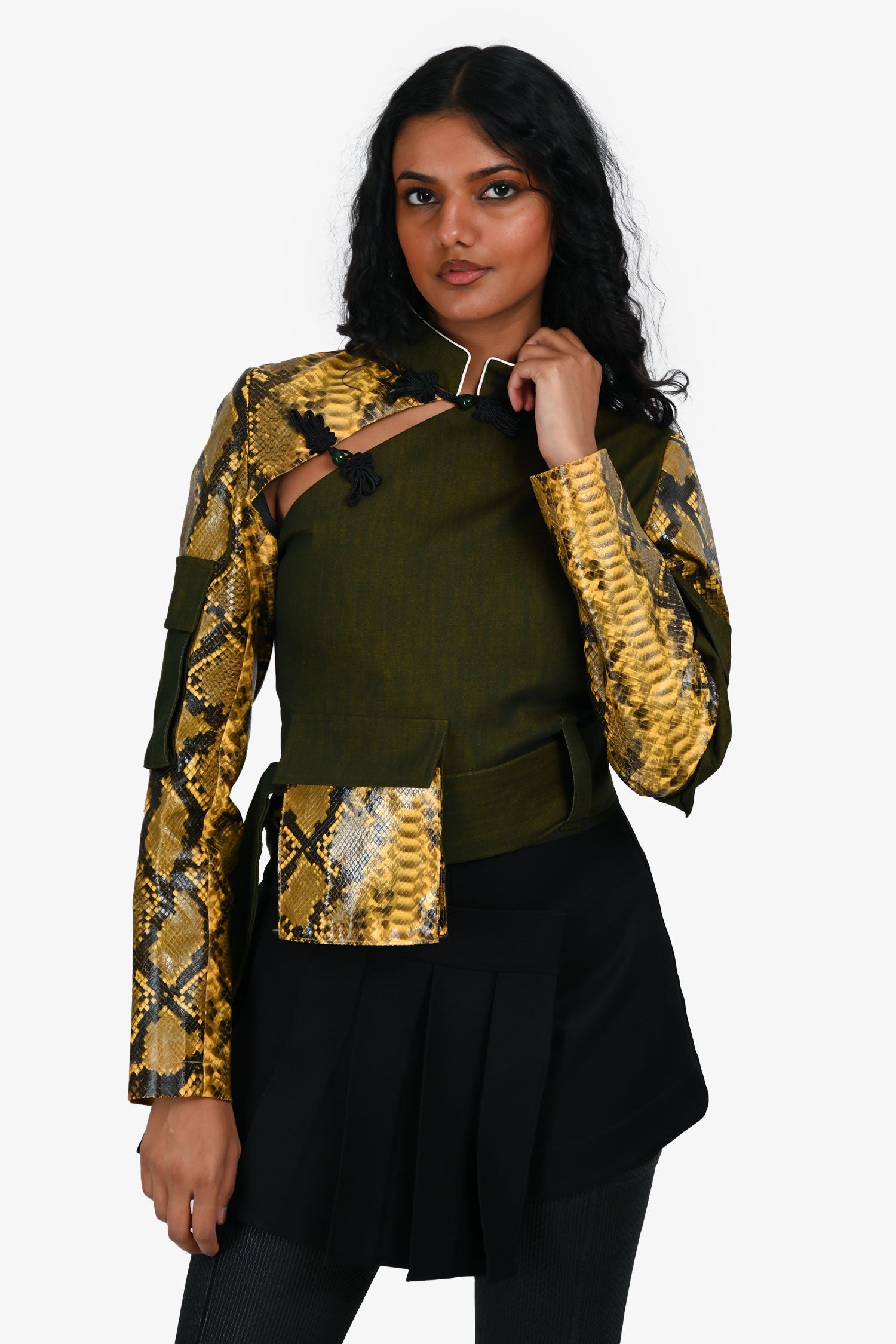 Kim Shui Green/Yellow Snake Embossed Long Sleeve Belted Jacket Size XS