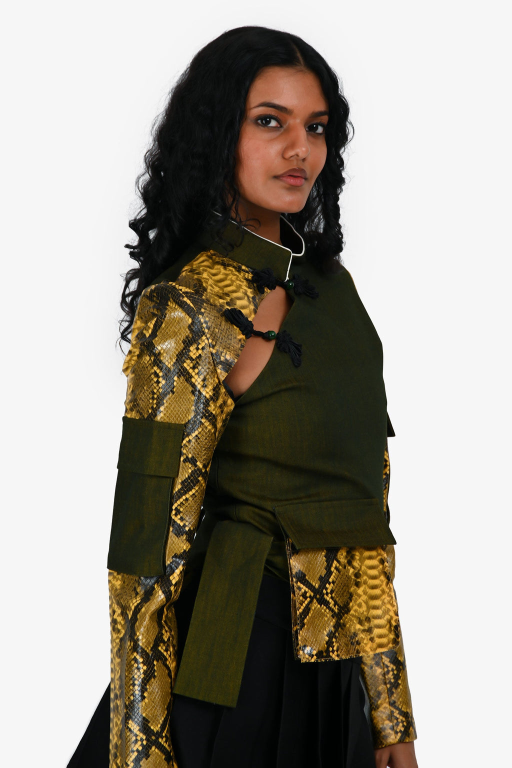 Kim Shui Green/Yellow Snake Embossed Long Sleeve Belted Jacket Size XS
