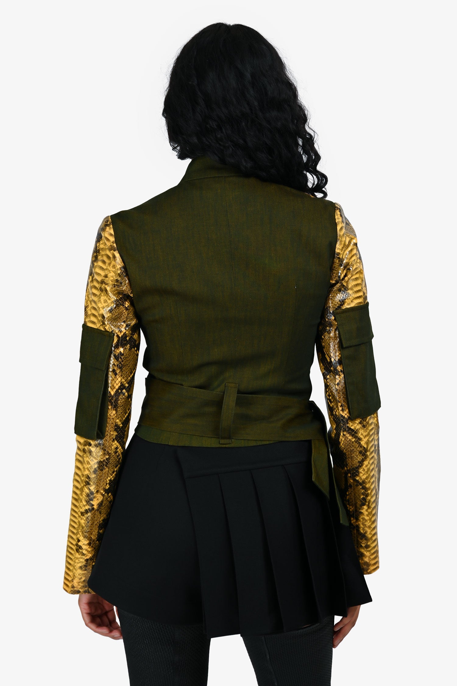 Kim Shui Green/Yellow Snake Embossed Long Sleeve Belted Jacket Size XS