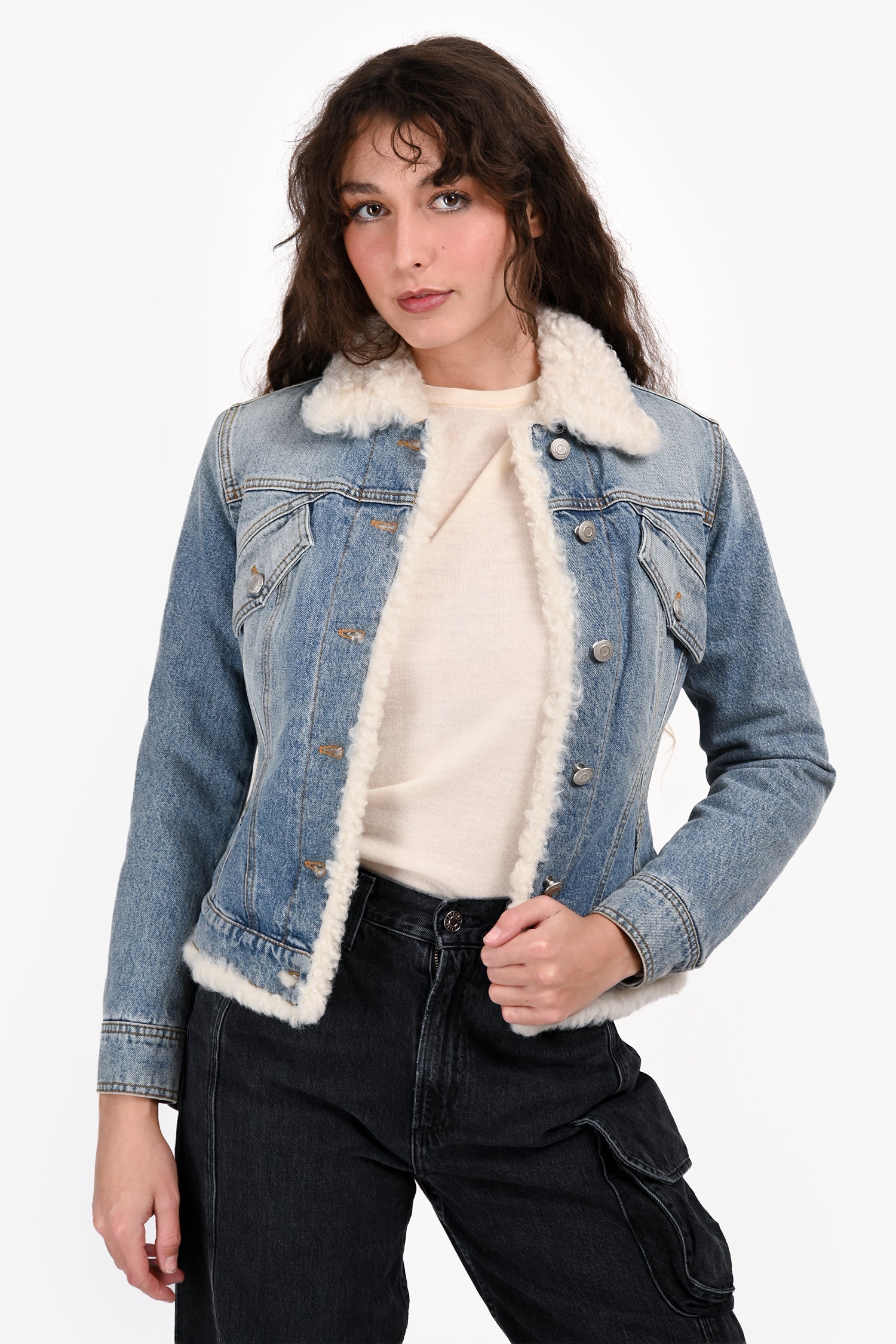Alexander McQueen Blue Denim/Shearling Crystal Detail Jacket Size 38