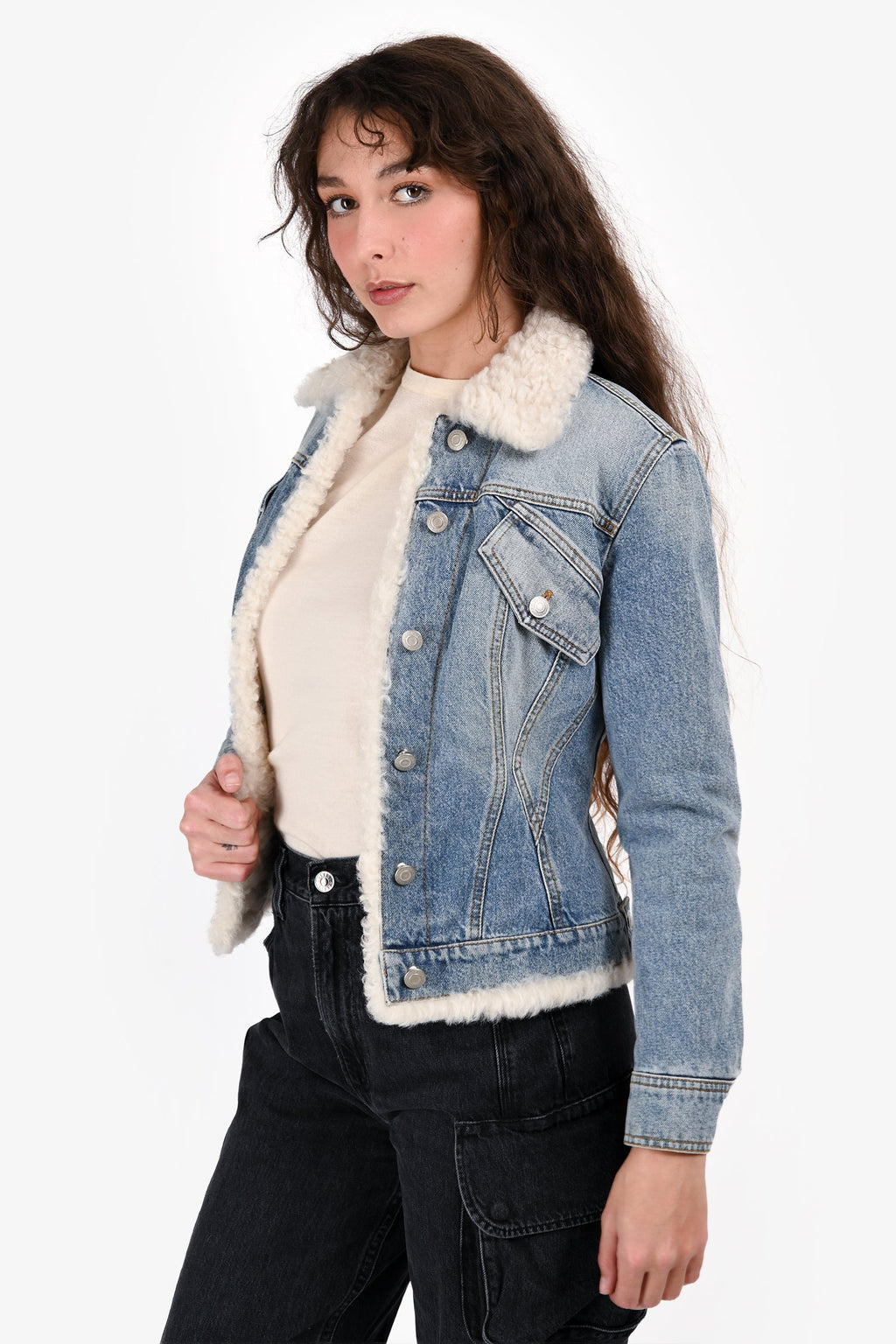 Alexander McQueen Blue Denim/Shearling Crystal Detail Jacket Size 38