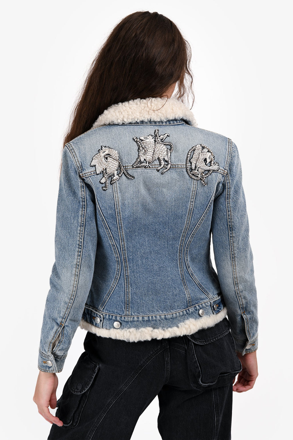 Alexander McQueen Blue Denim/Shearling Crystal Detail Jacket Size 38