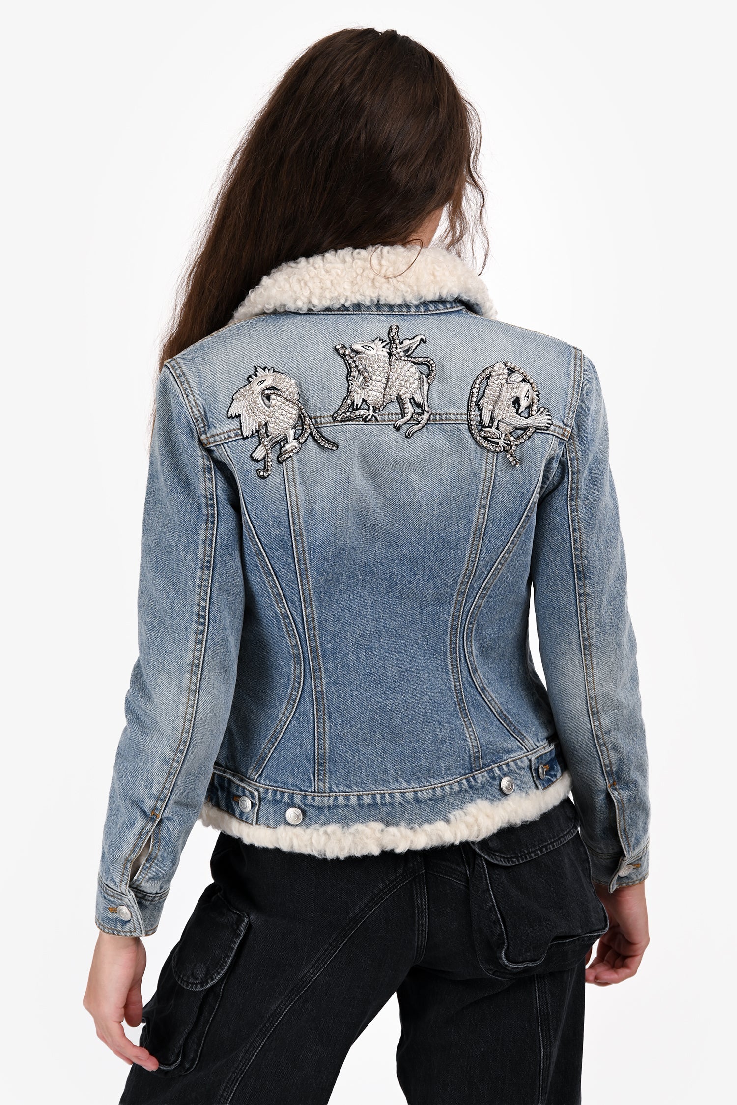 Alexander McQueen Blue Denim/Shearling Crystal Detail Jacket Size 38
