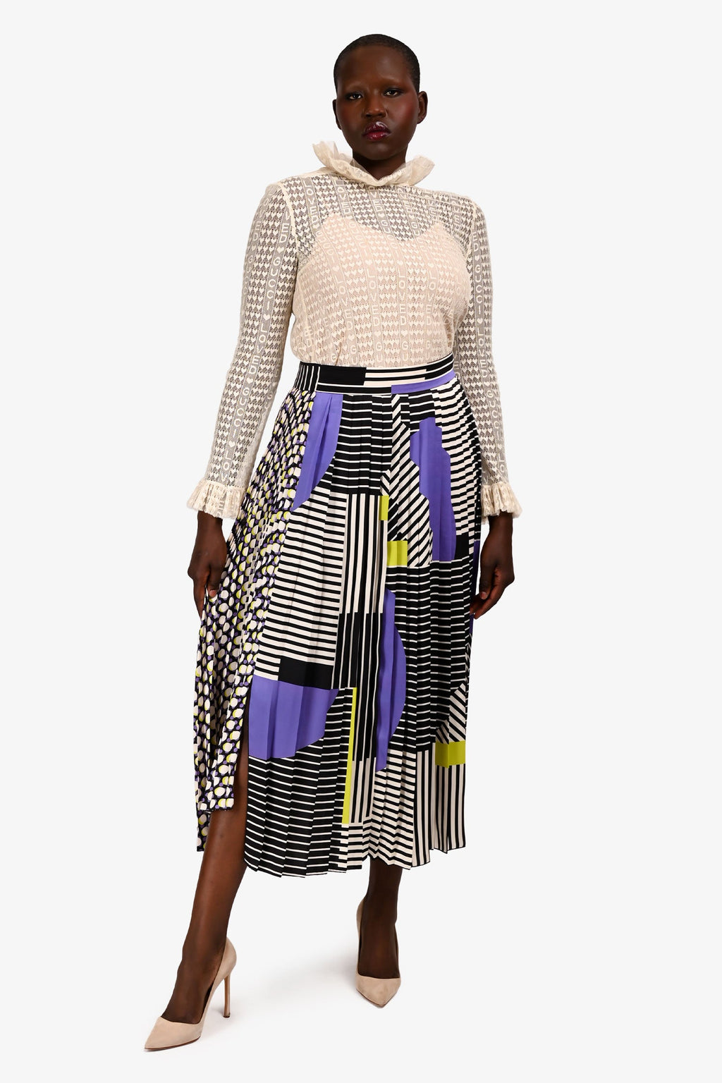 Beatrice B Purple/Multi Satin Printed Pleated Midi Skirt Size XS