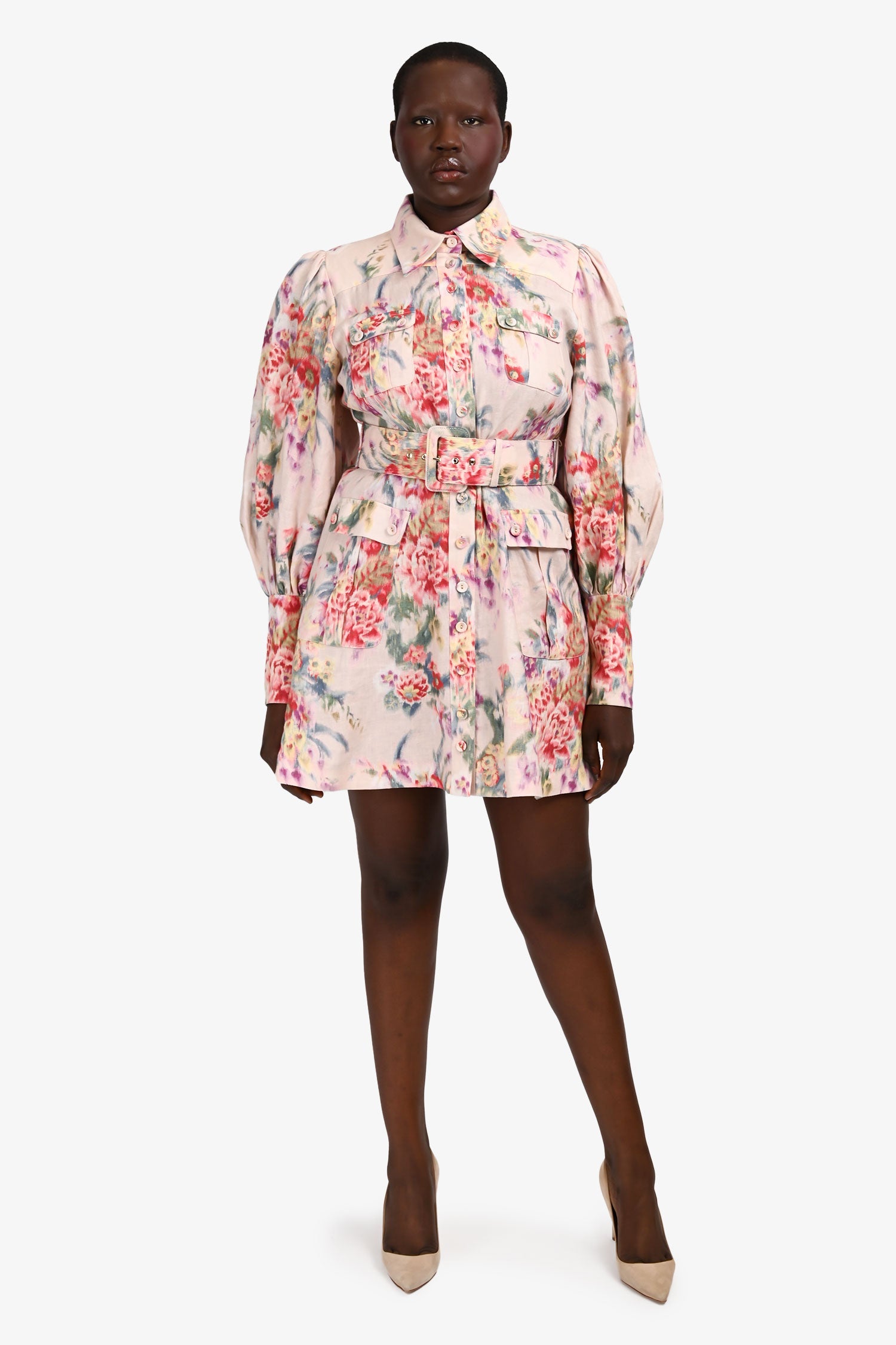 Zimermann Pink Watercolour Floral Long Sleeve Belted Dress Size 3