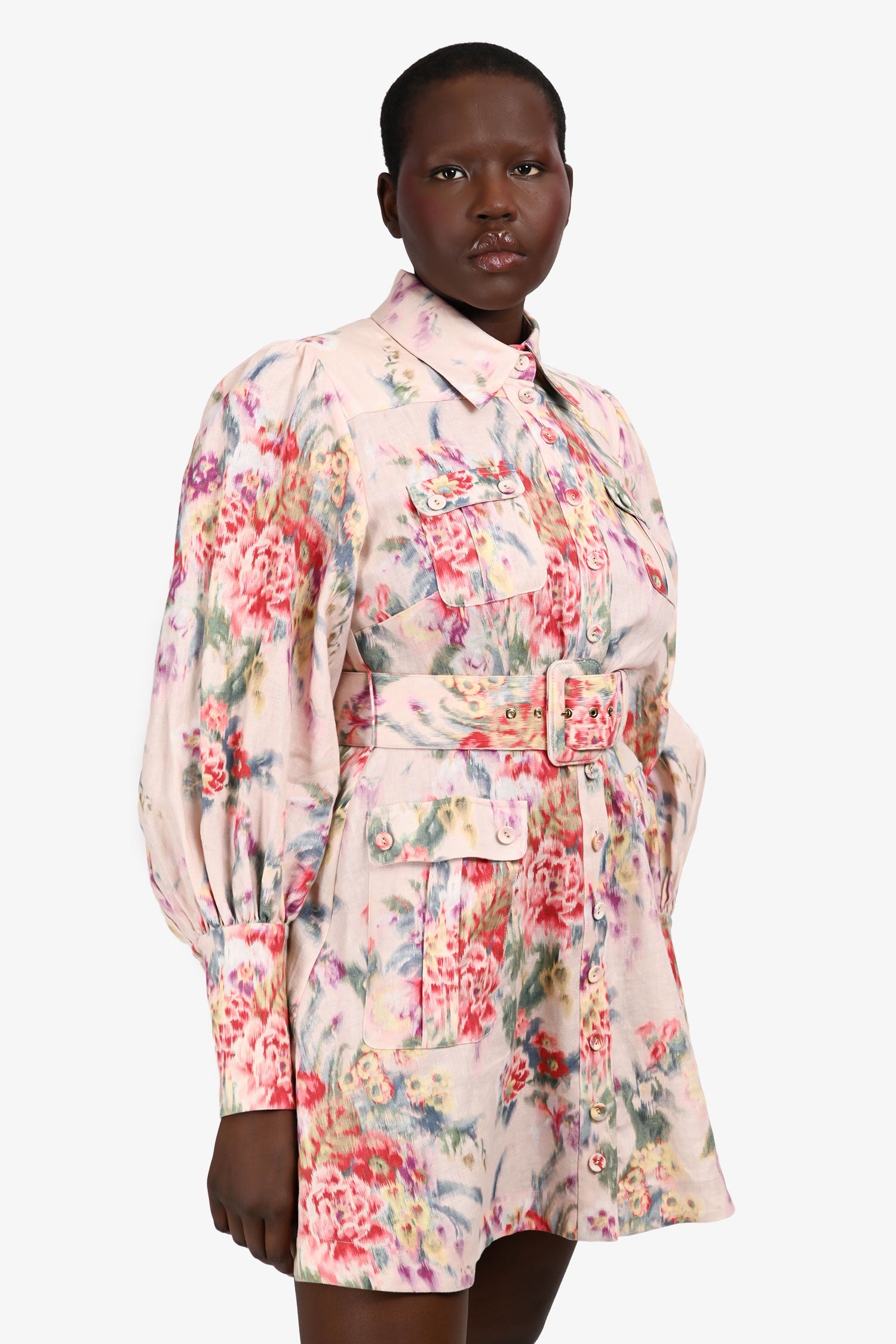 Zimermann Pink Watercolour Floral Long Sleeve Belted Dress Size 3