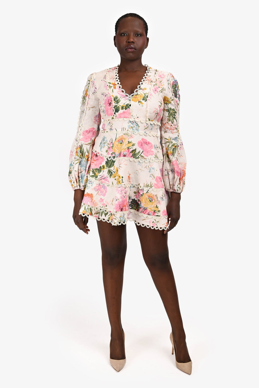 Zimmermann Blush Floral Linen Crochet Trim V-Neck Mini Dress Size 3