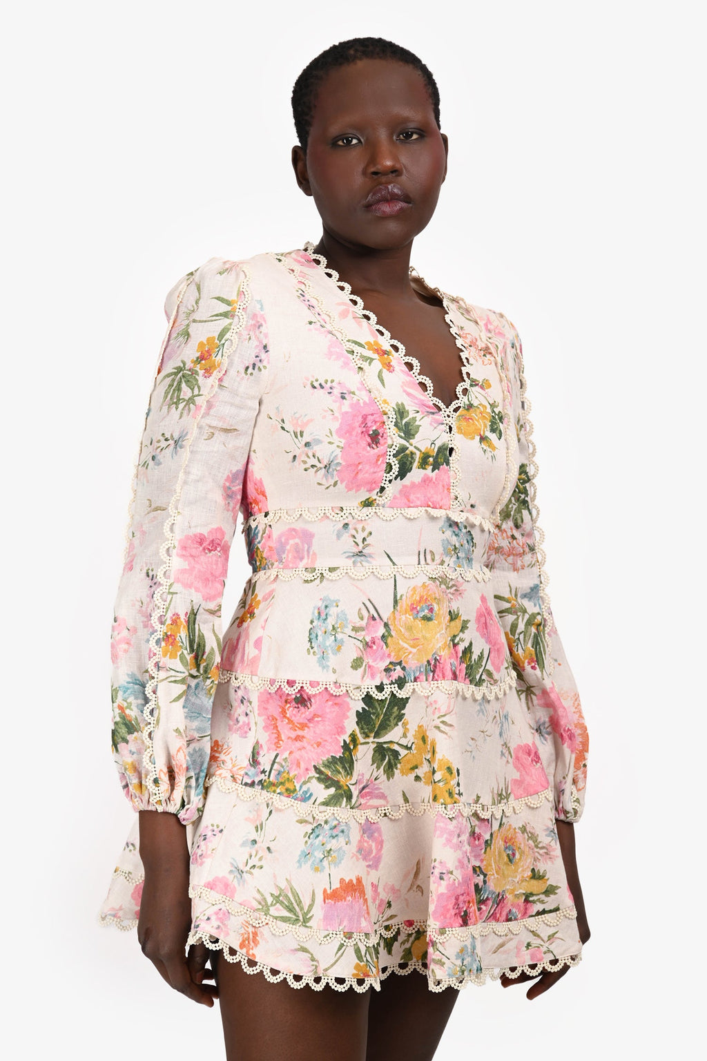 Zimmermann Blush Floral Linen Crochet Trim V-Neck Mini Dress Size 3