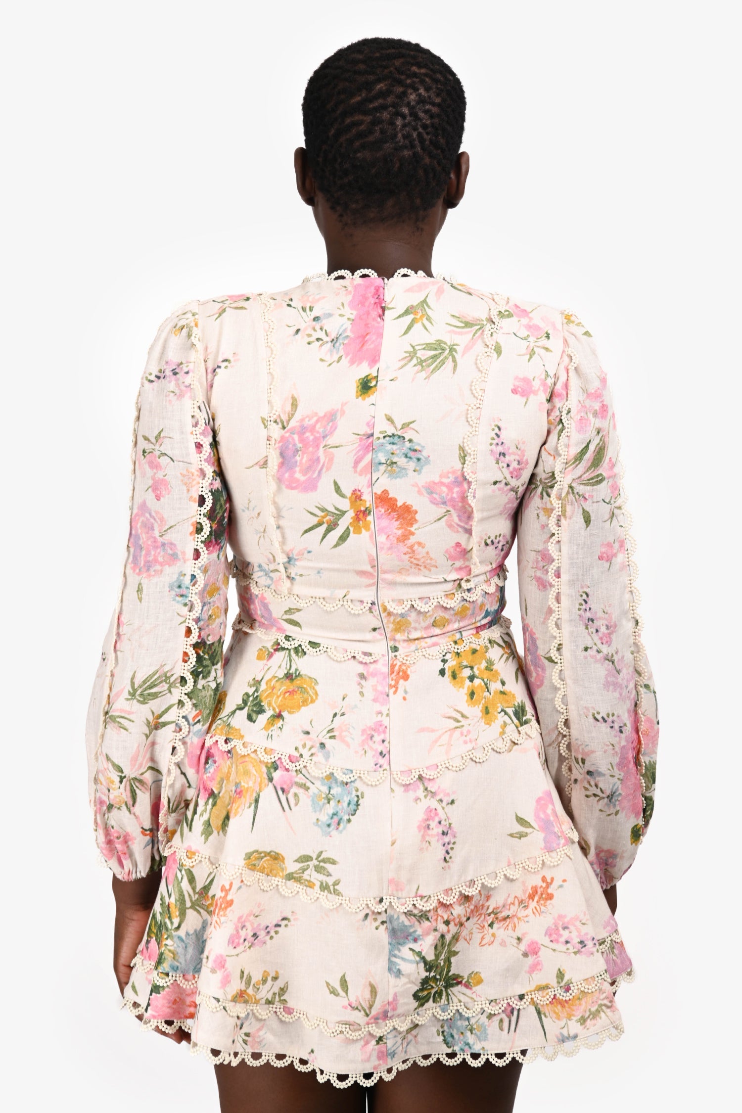 Zimmermann Blush Floral Linen Crochet Trim V-Neck Mini Dress Size 3
