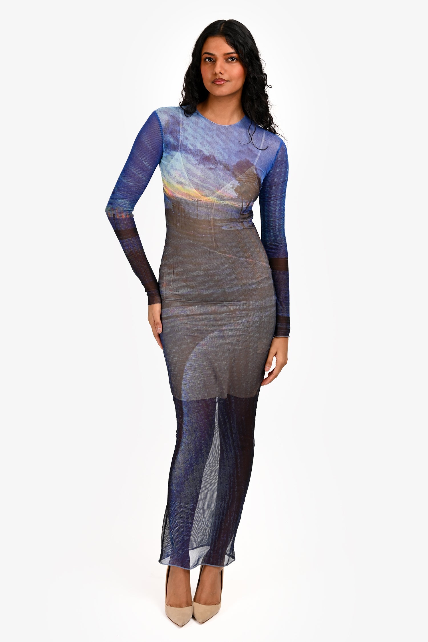 Louisa Ballou Blue Printed Sheer Long Sleeve Maxi Dress Size XS