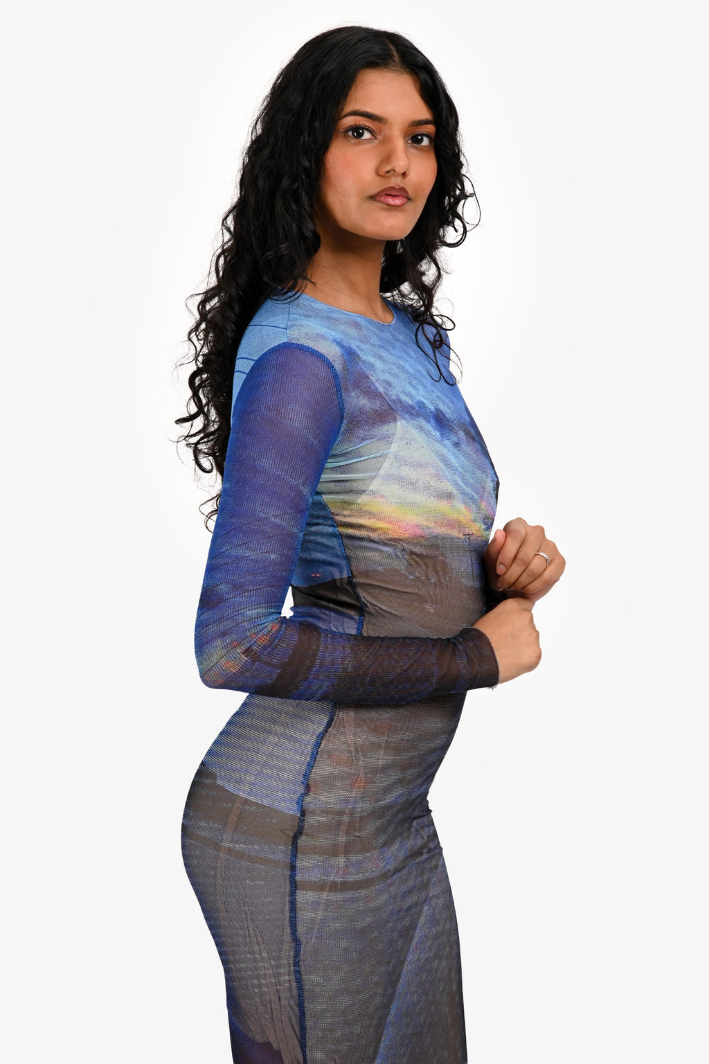Louisa Ballou Blue Printed Sheer Long Sleeve Maxi Dress Size XS