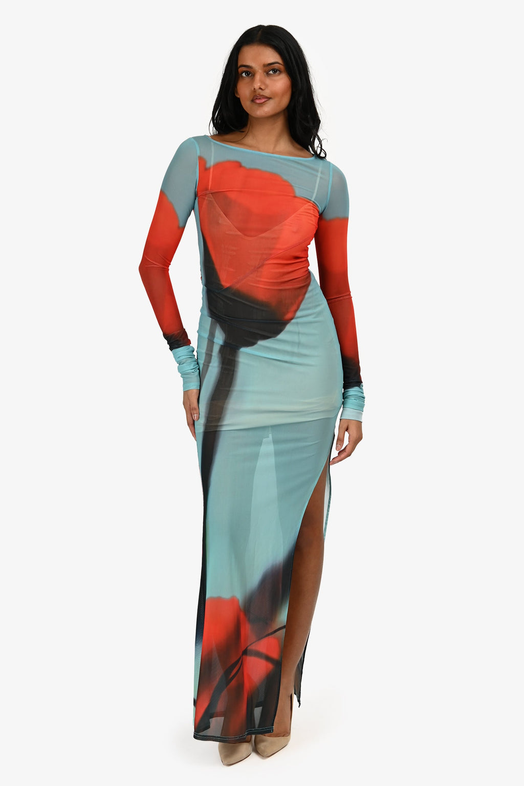 Rat & Boa Teal/Red Sheer Mesh Long Sleeve 'Santino' Maxi Dress Size XXS