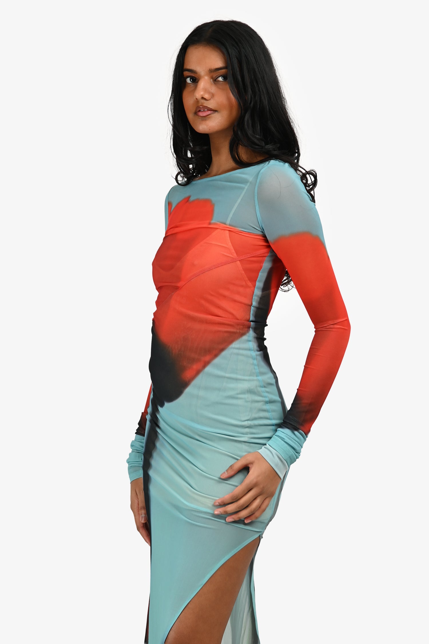 Rat & Boa Teal/Red Sheer Mesh Long Sleeve 'Santino' Maxi Dress Size XXS