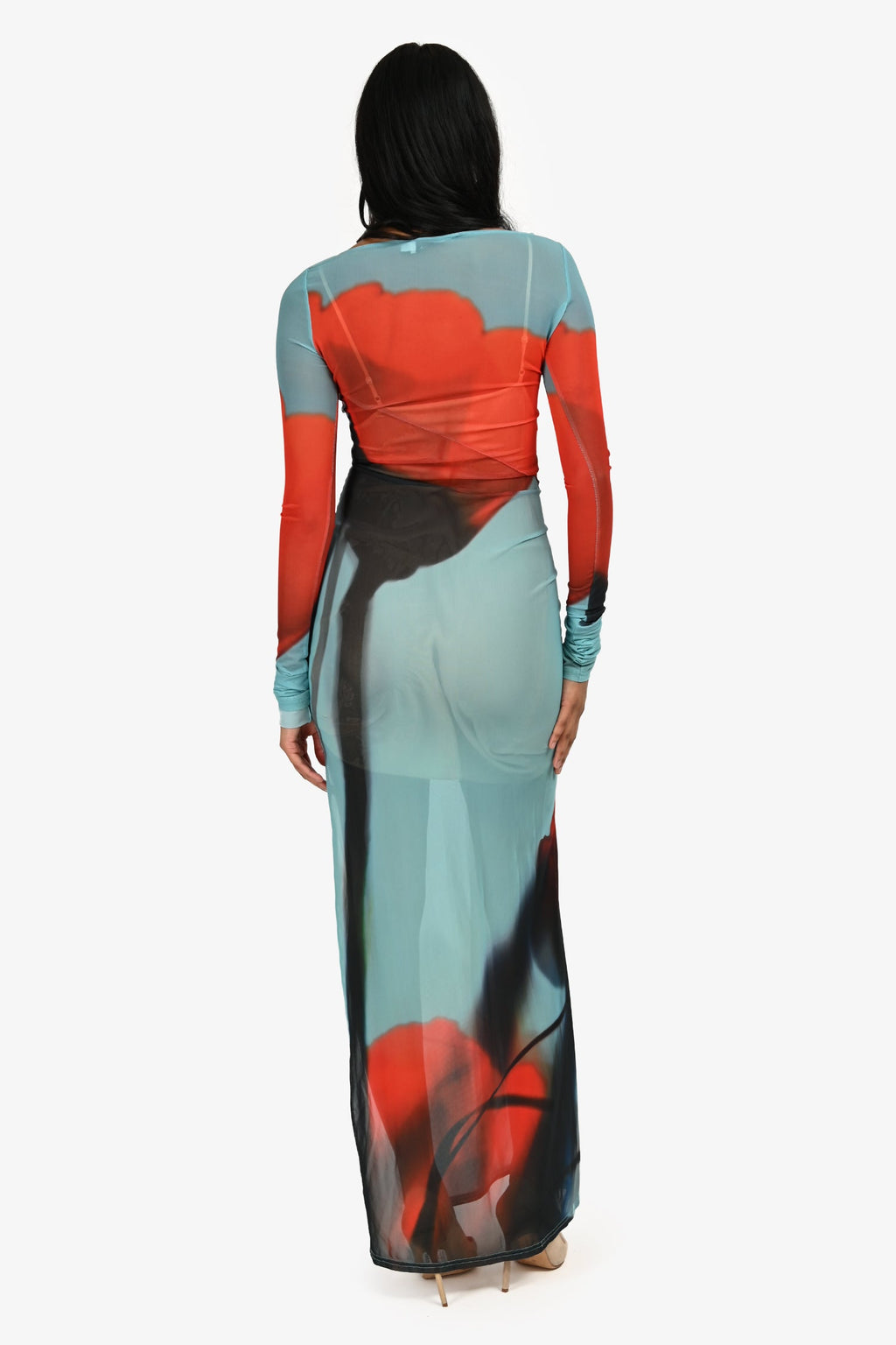 Rat & Boa Teal/Red Sheer Mesh Long Sleeve 'Santino' Maxi Dress Size XXS
