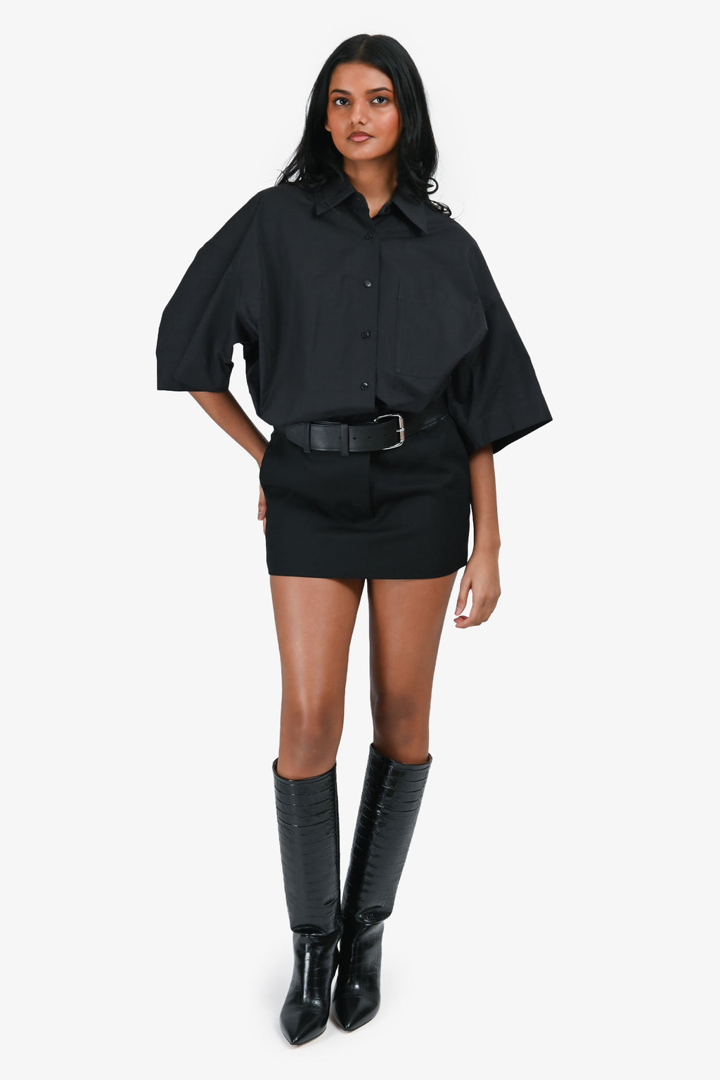 Alexander Wang Black Cotton Leather Belted Dress Size 0