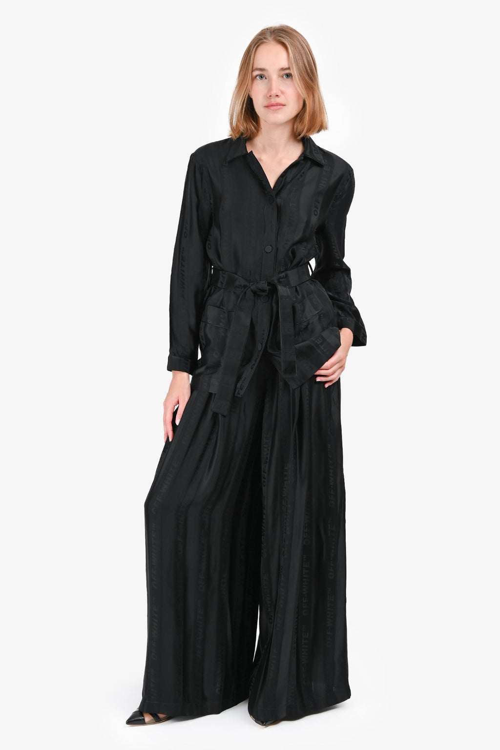 Off-White Black Logo Printed Button-Up Top and Pant Set Size 38