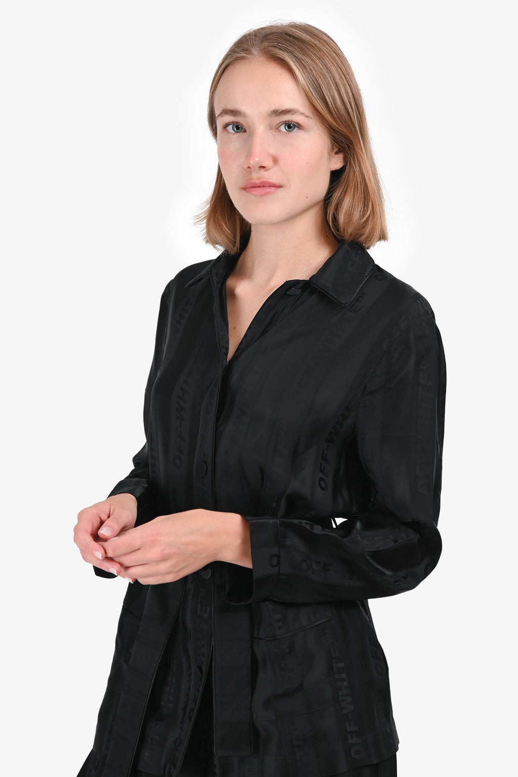 Off-White Black Logo Printed Button-Up Top and Pant Set Size 38