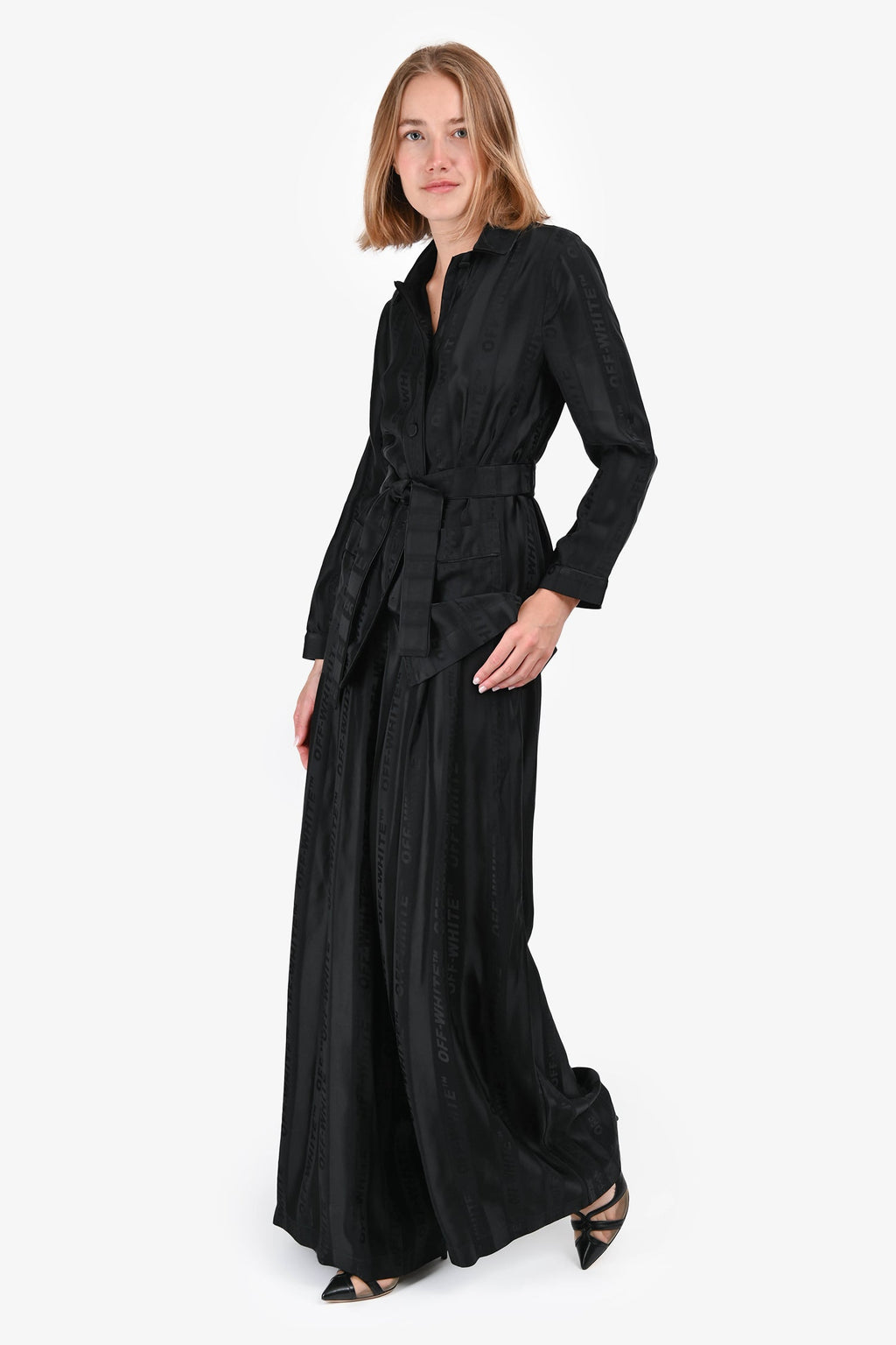 Off-White Black Logo Printed Button-Up Top and Pant Set Size 38