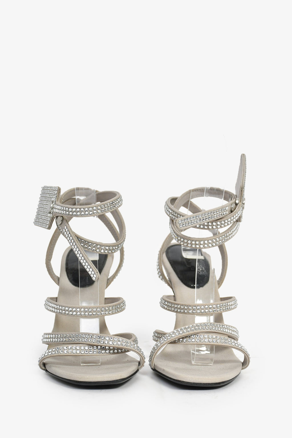 Off-White Grey Satin Crystal Wrap Heeled Sandals Size 35