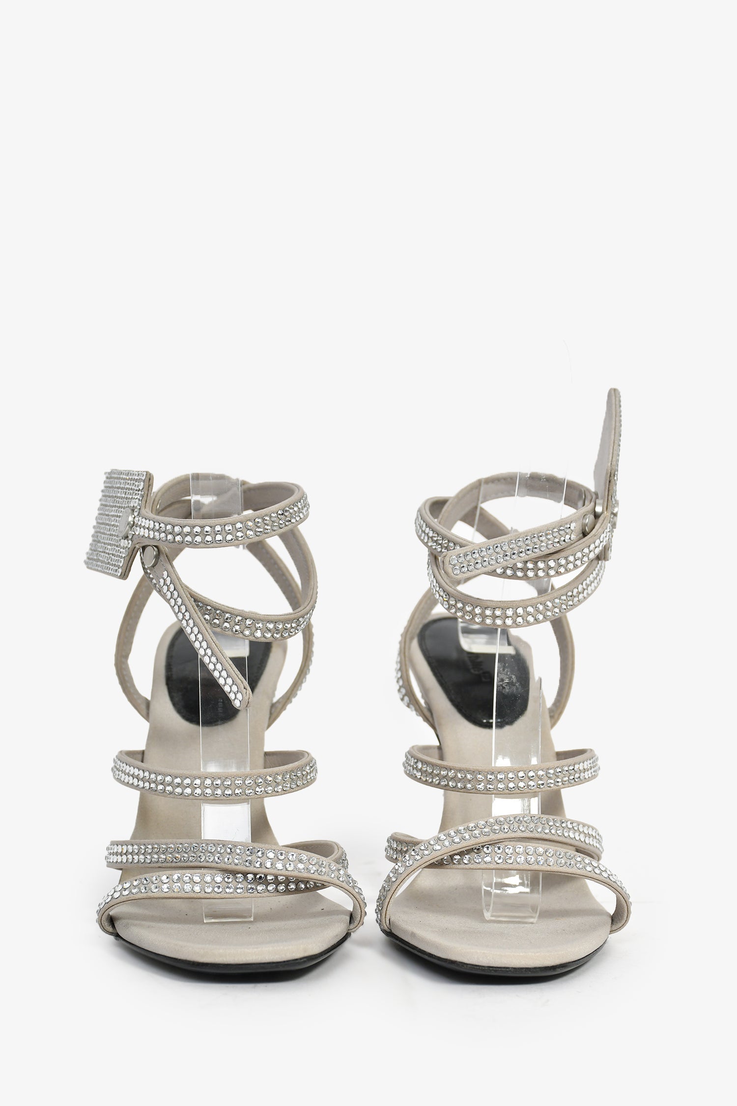 Off-White Grey Satin Crystal Wrap Heeled Sandals Size 35
