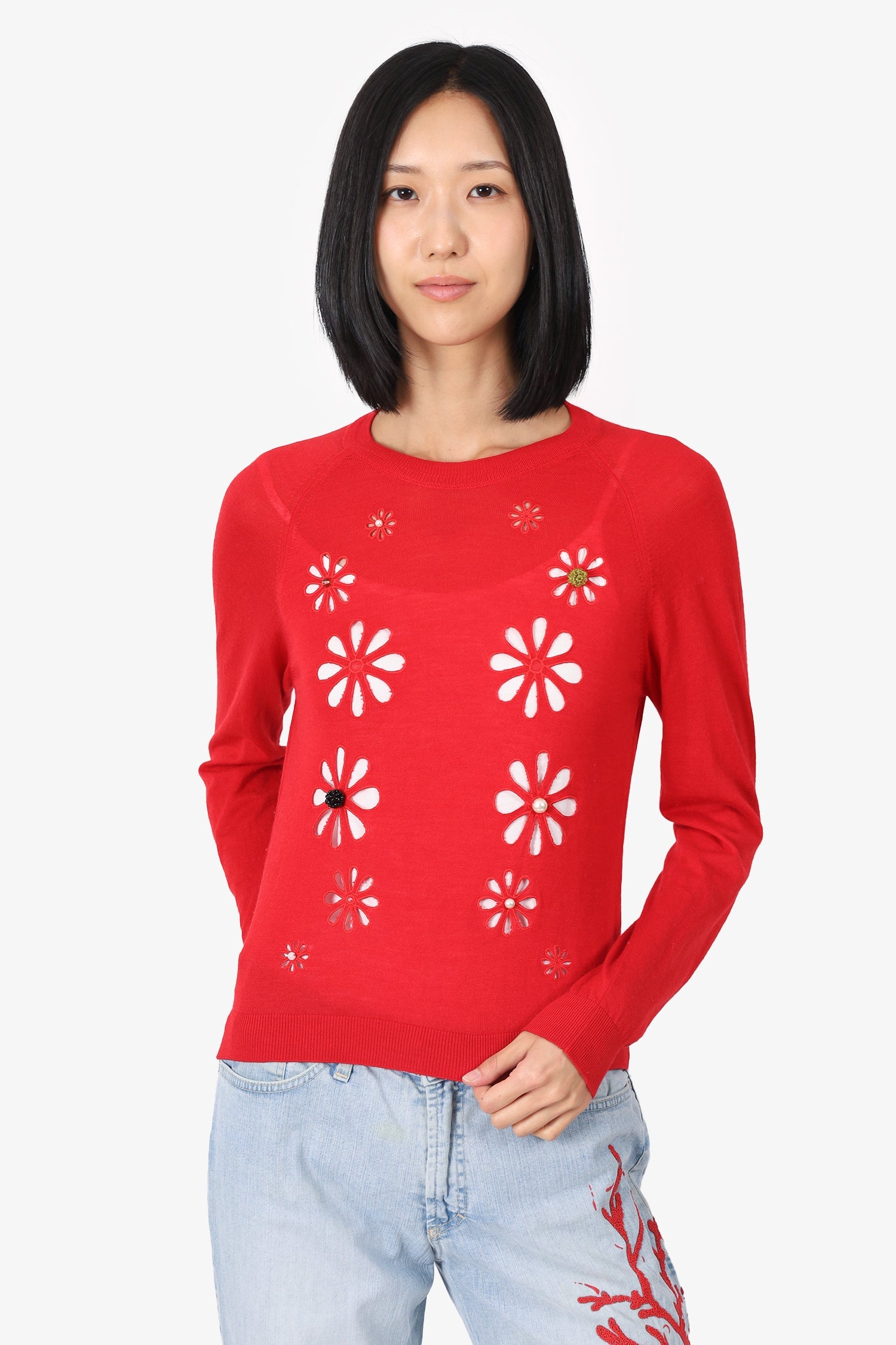 Simone Rocha Red Wool/Silk Embellished Cutout Merino igan Size M