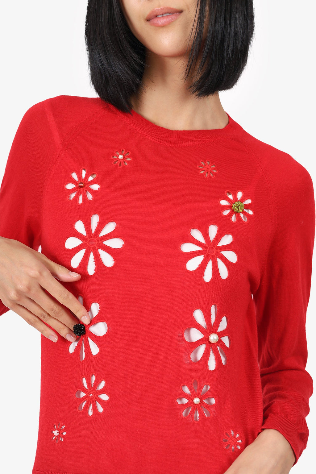 Simone Rocha Red Wool/Silk Embellished Cutout Merino igan Size M