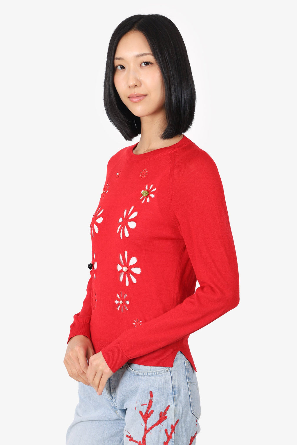 Simone Rocha Red Wool/Silk Embellished Cutout Merino igan Size M