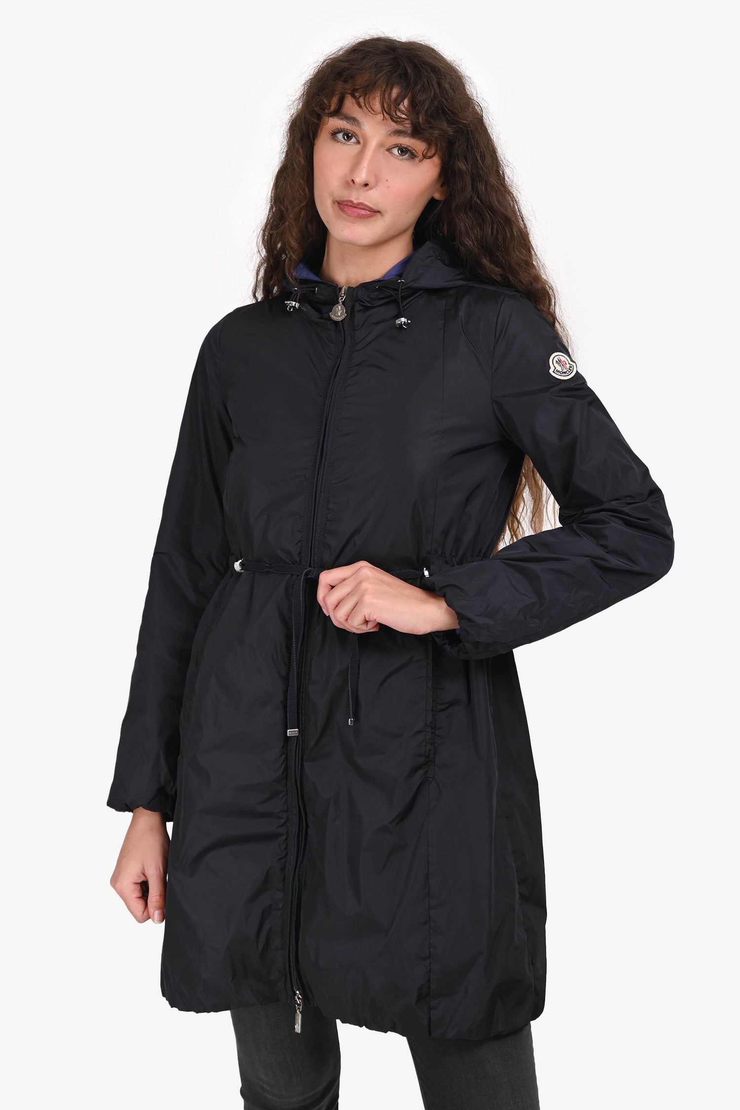 Moncler Navy Nylon Midi Cinched Waist Hooded 'Ombre' Jacket Size 0