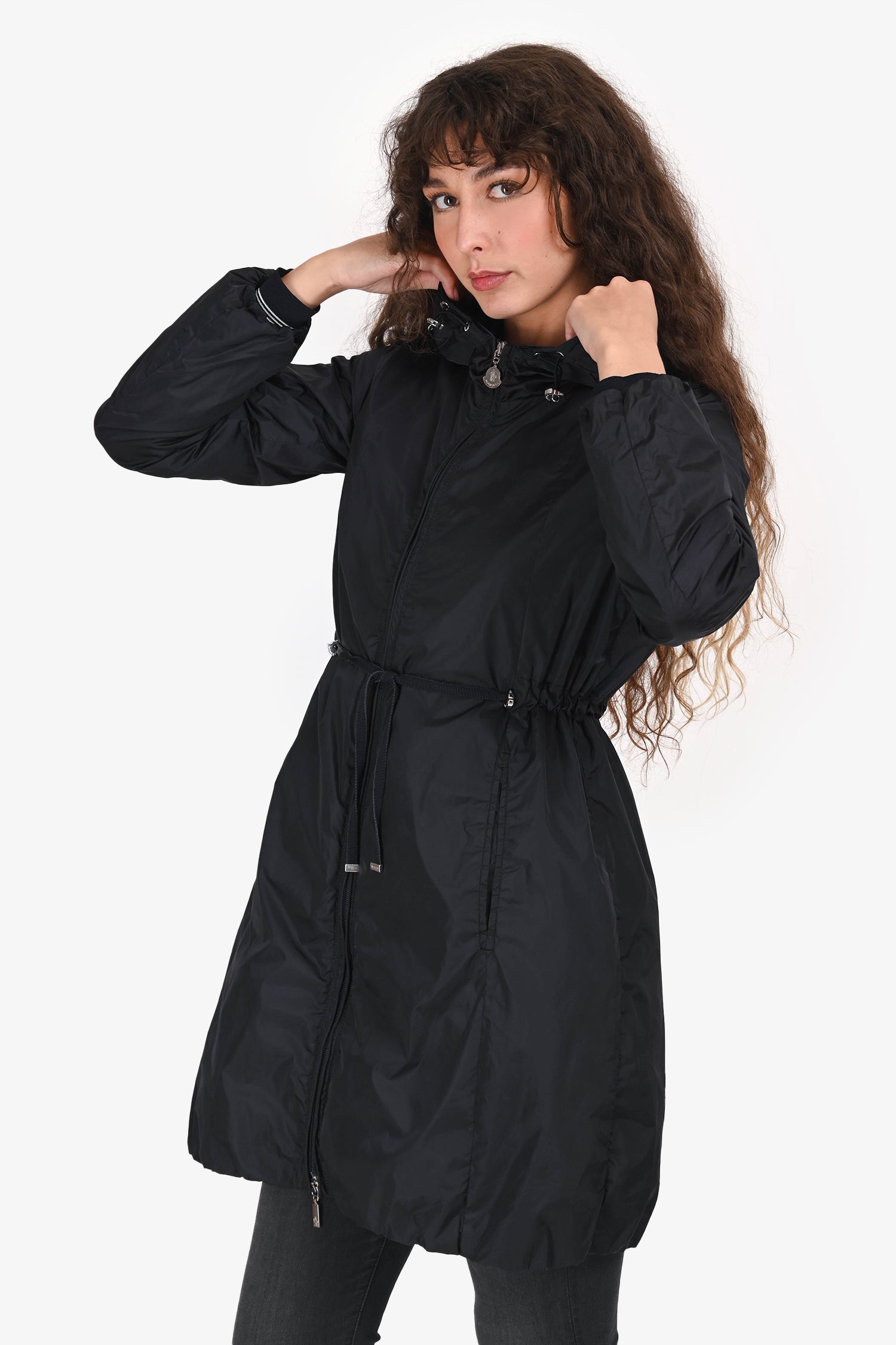 Moncler Navy Nylon Midi Cinched Waist Hooded 'Ombre' Jacket Size 0