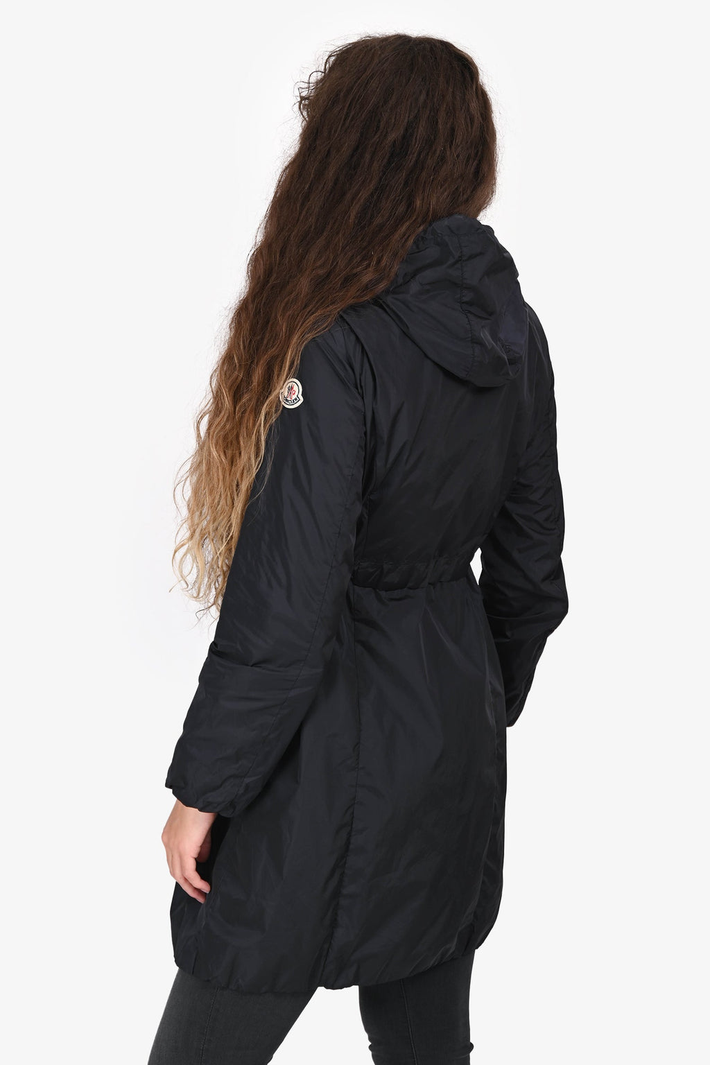 Moncler Navy Nylon Midi Cinched Waist Hooded 'Ombre' Jacket Size 0