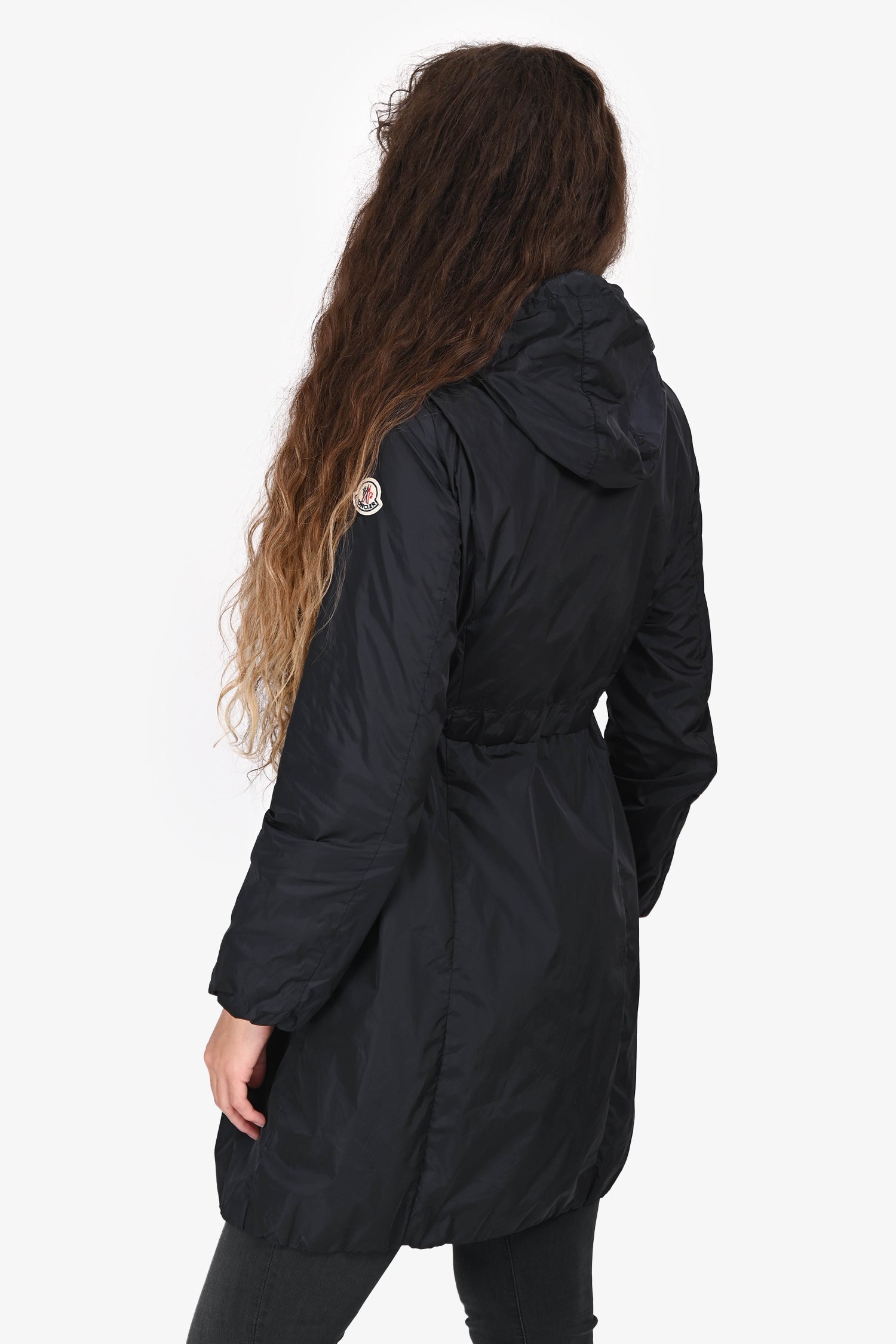 Moncler Navy Nylon Midi Cinched Waist Hooded 'Ombre' Jacket Size 0