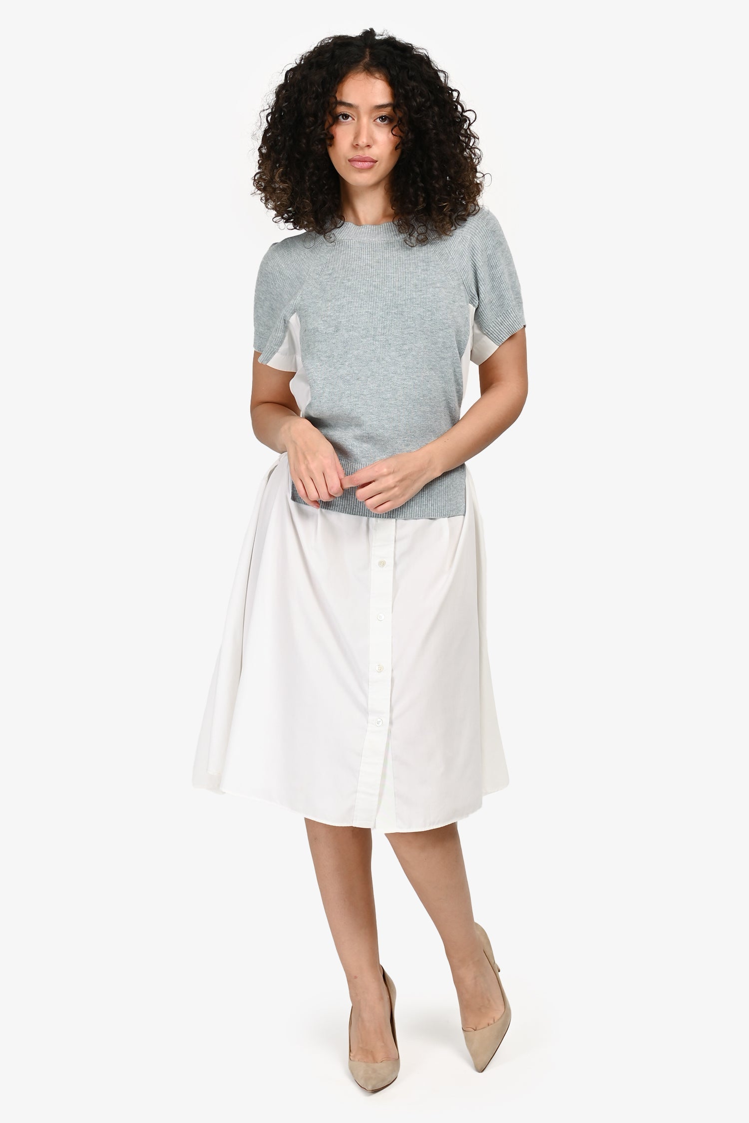 Sacai White/Grey Cotton Short Sleeve Midi Dress Size 2