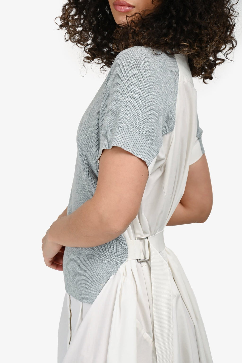 Sacai White/Grey Cotton Short Sleeve Midi Dress Size 2