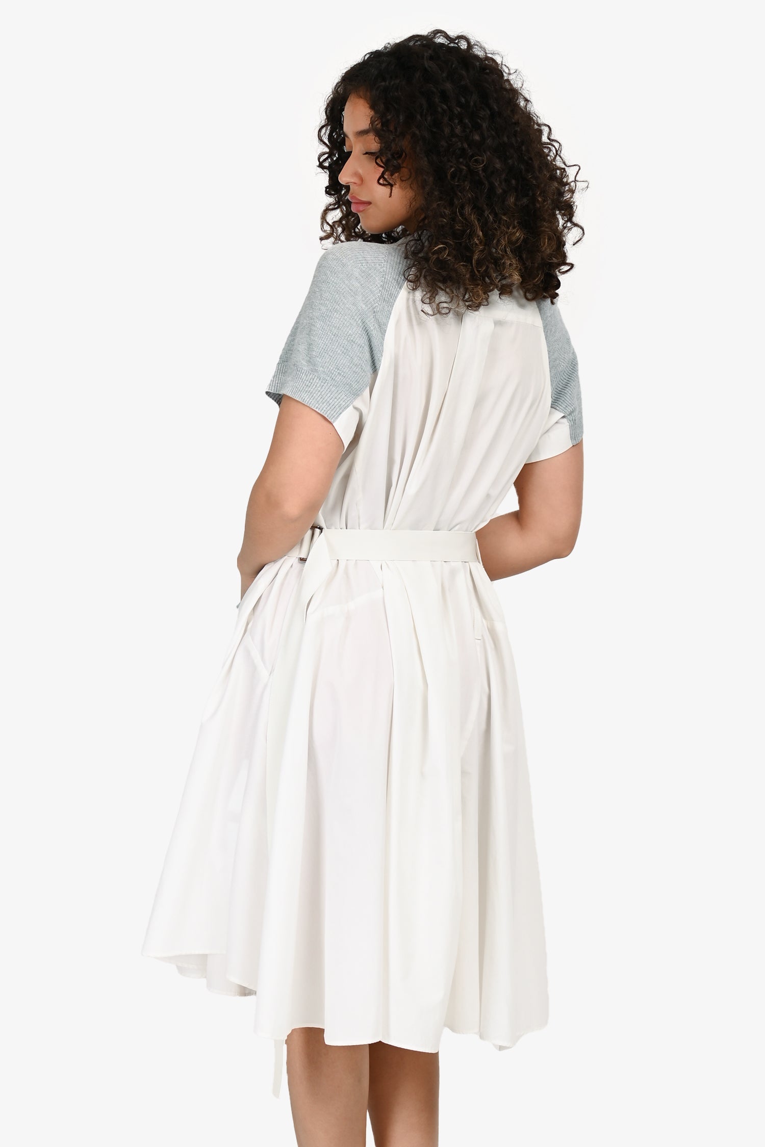 Sacai White/Grey Cotton Short Sleeve Midi Dress Size 2