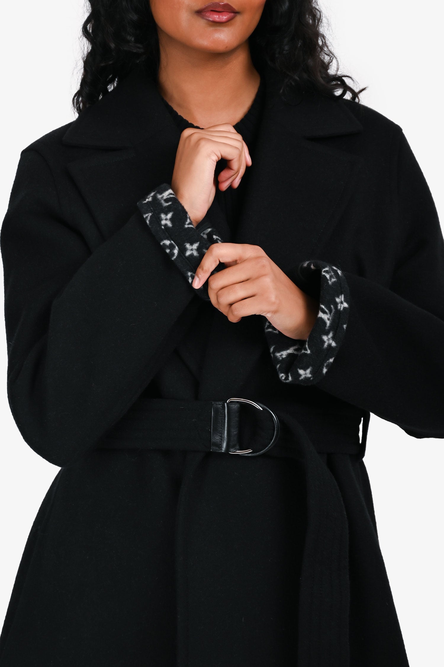 Louis Vuitton Black Wool Monogram Lined Belted Coat Size 38