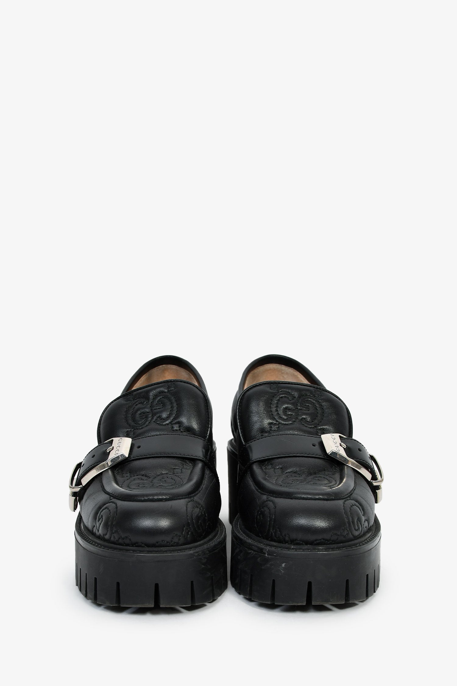 Gucci Black Leather GG Embossed Buckle Detail Platform Loafers Size 37