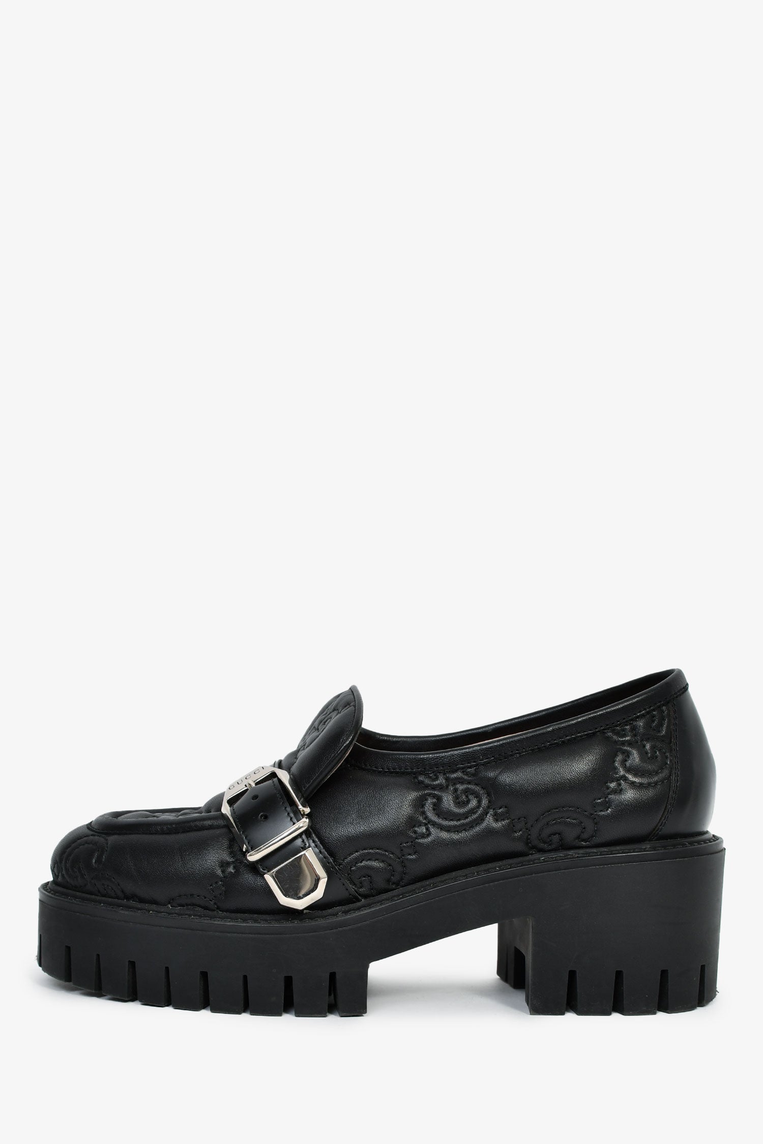 Gucci Black Leather GG Embossed Buckle Detail Platform Loafers Size 37