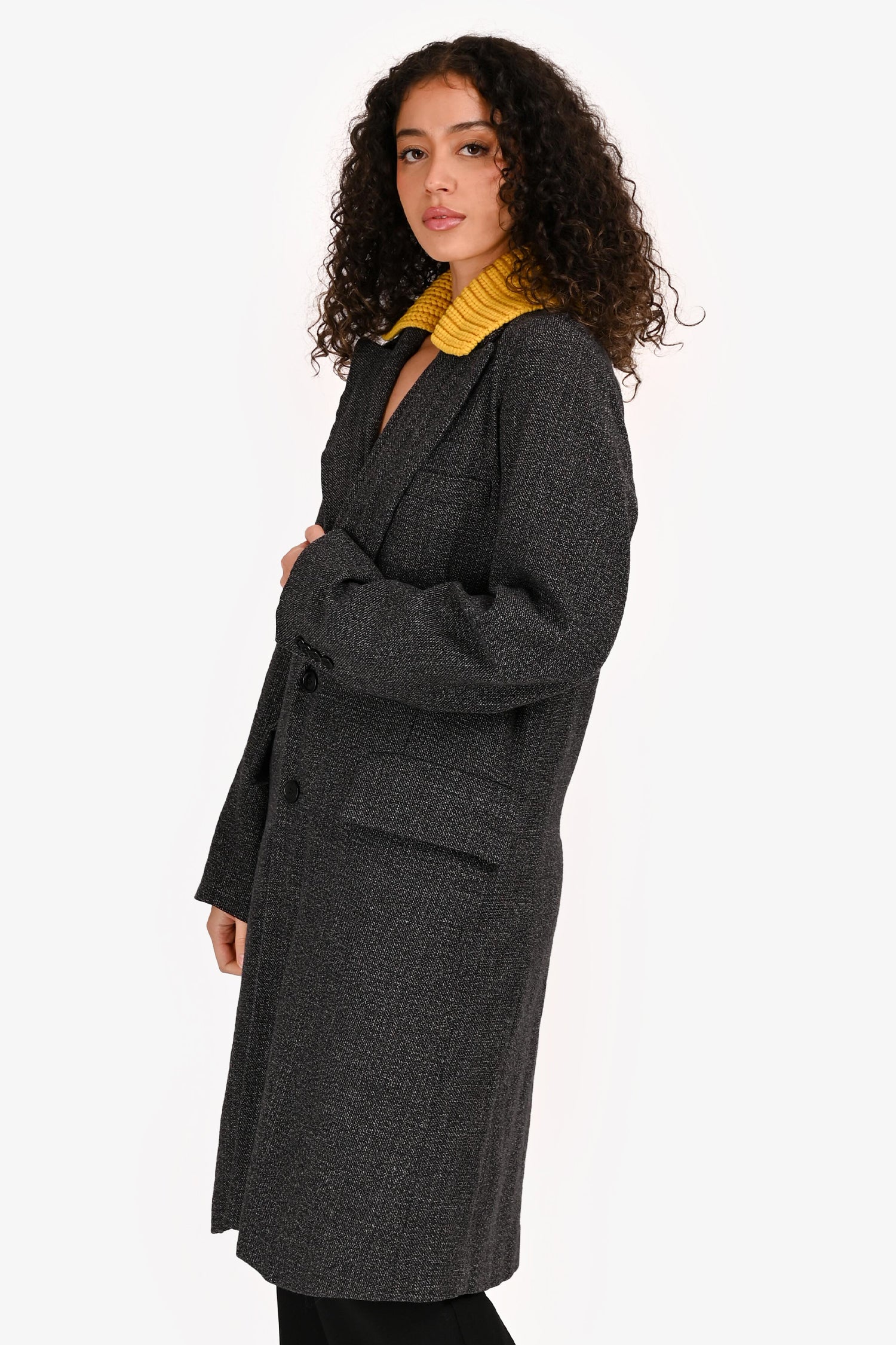 Plan C Grey/Yellow Wool/Cotton Blend Single Breasted Coat Size 36