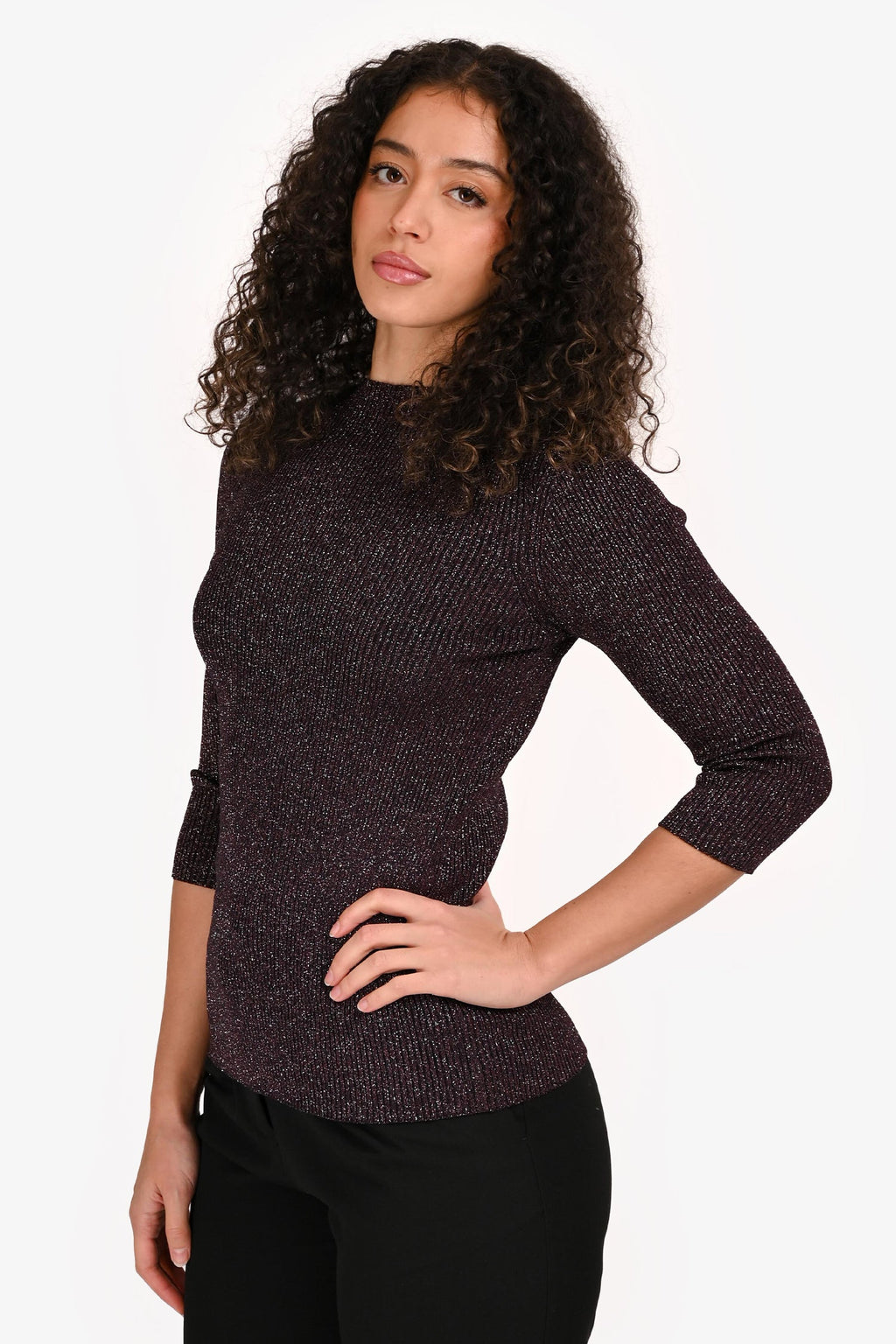 Maje Purple Metallic Ribbed Long Sleeve Top Size 2