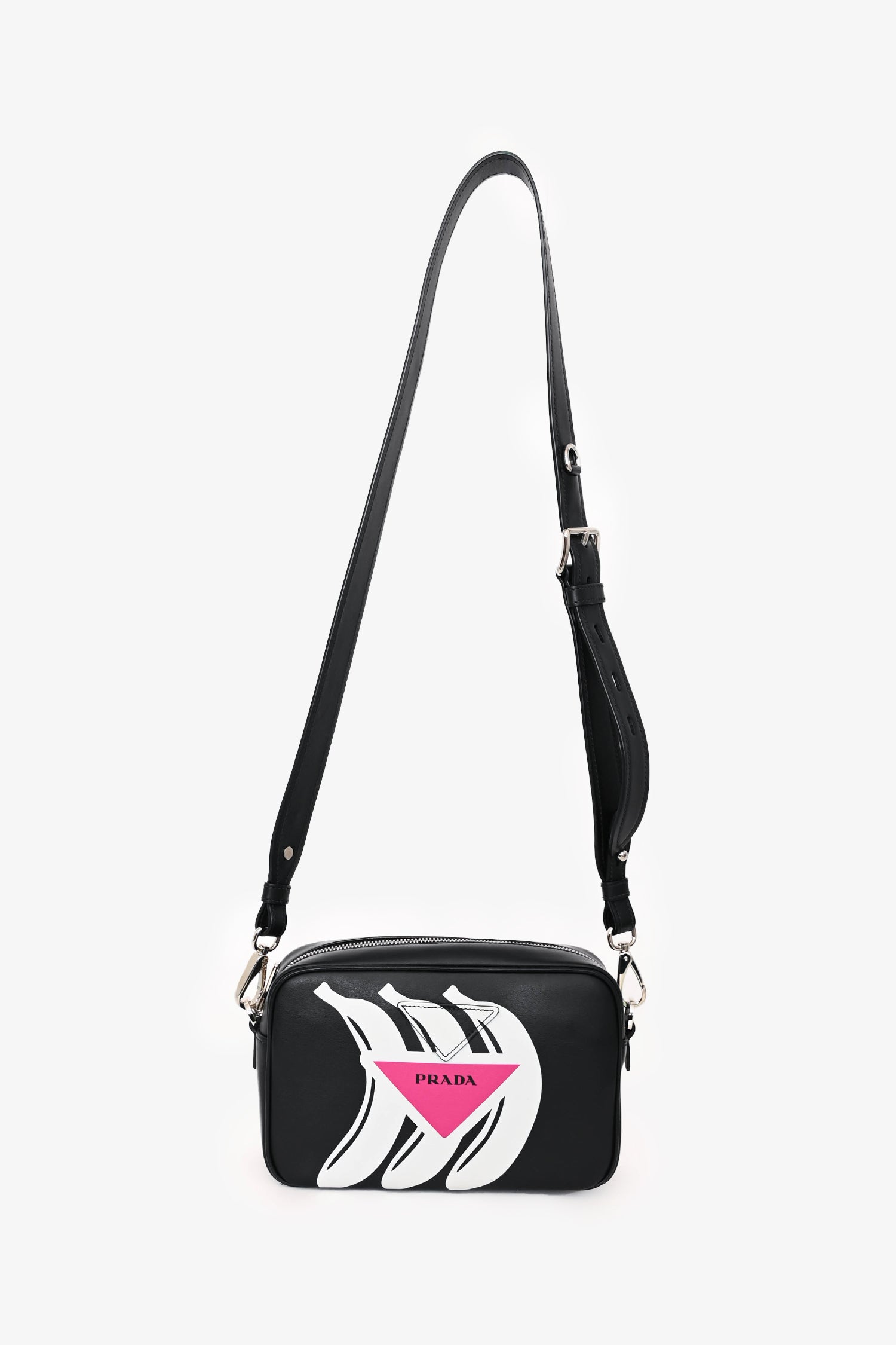 Prada Black Leather Banana Printed Camera Crossbody Bag