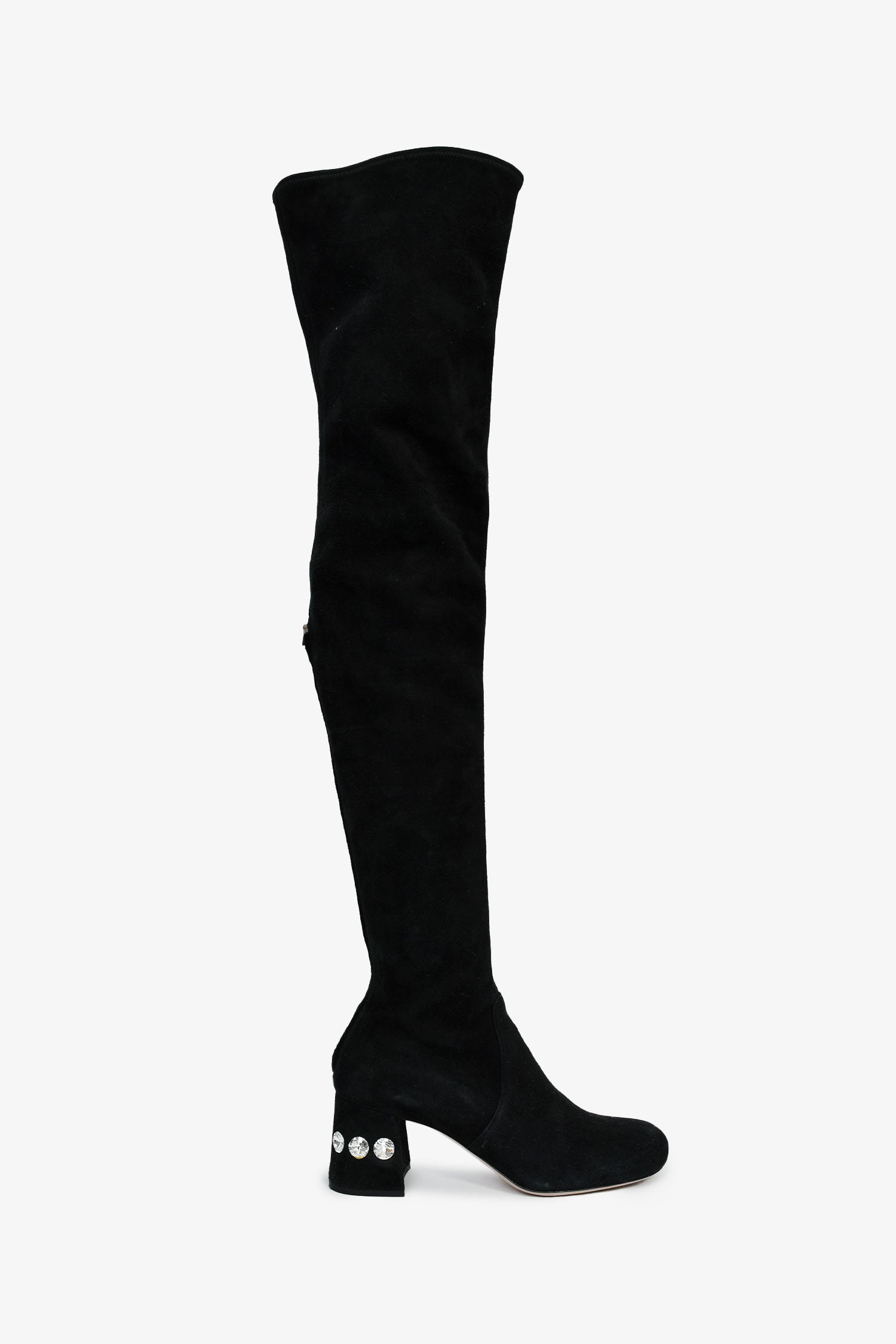 Miu Miu Black Suede Leather Crystal Embellished Knee High Boots Size 35.5