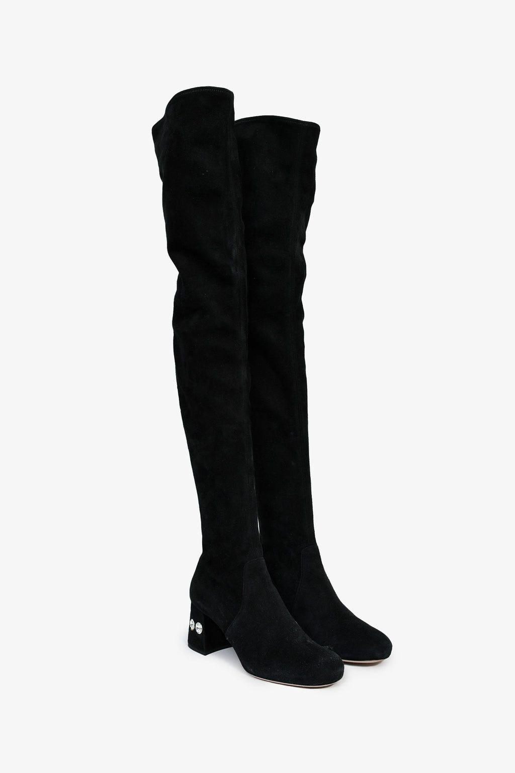 Miu Miu Black Suede Leather Crystal Embellished Knee High Boots Size 35.5