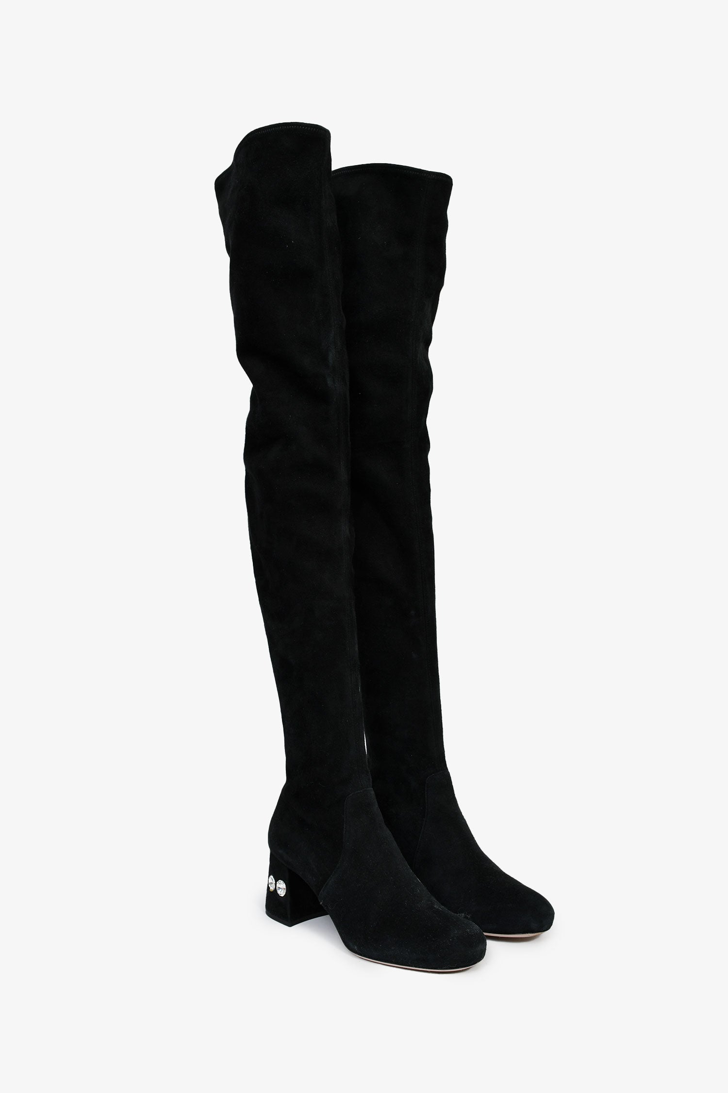 Miu Miu Black Suede Leather Crystal Embellished Knee High Boots Size 35.5