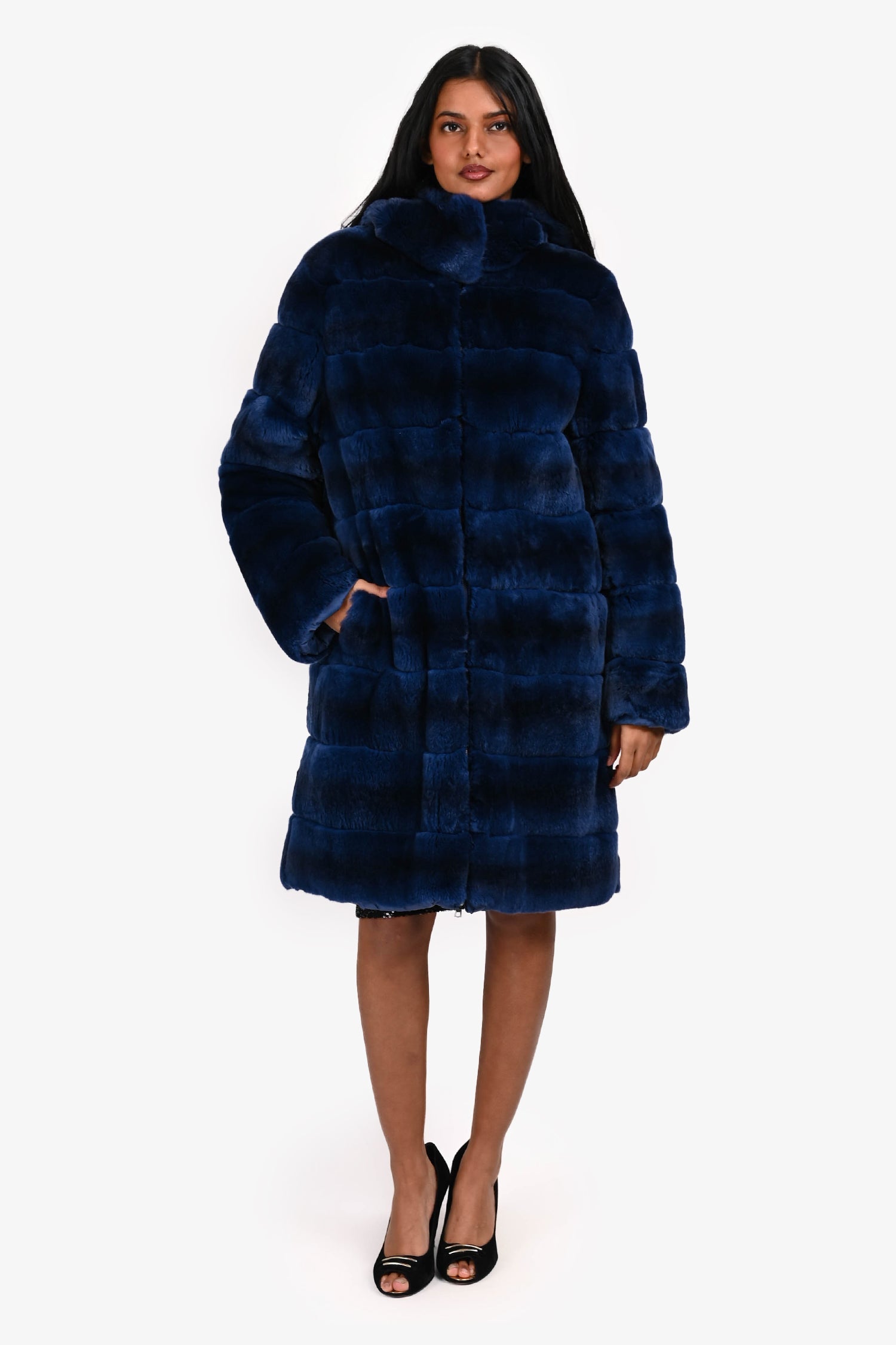 Yves Salomon Blue Rabbit Fur Reversible Down Coat Size 36